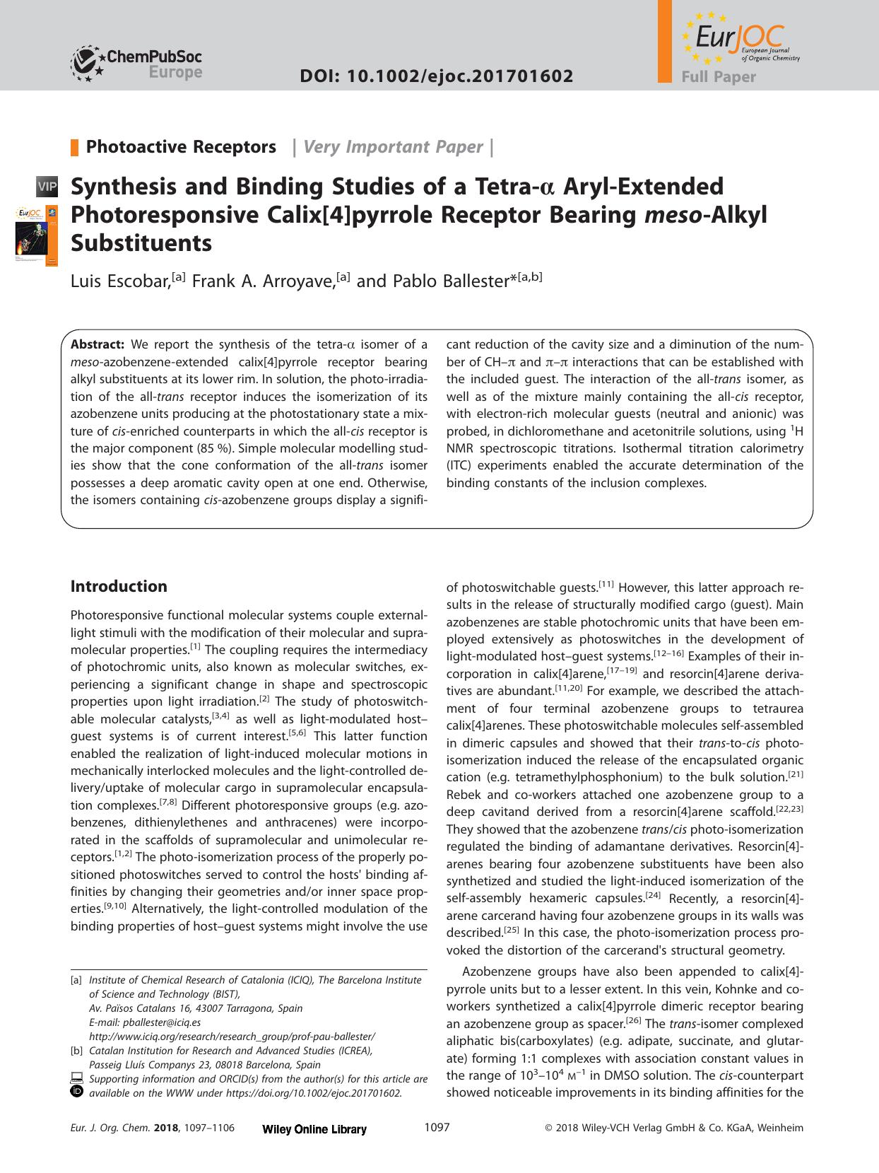 Synthesis and Binding Studies of a Tetra&#x02010;&#x003B1; Aryl&#x02010;Extended Photoresponsive Calix[4]pyrrole Receptor Bearing <i>meso<i>&#x02010;Alkyl Substituents by Unknown