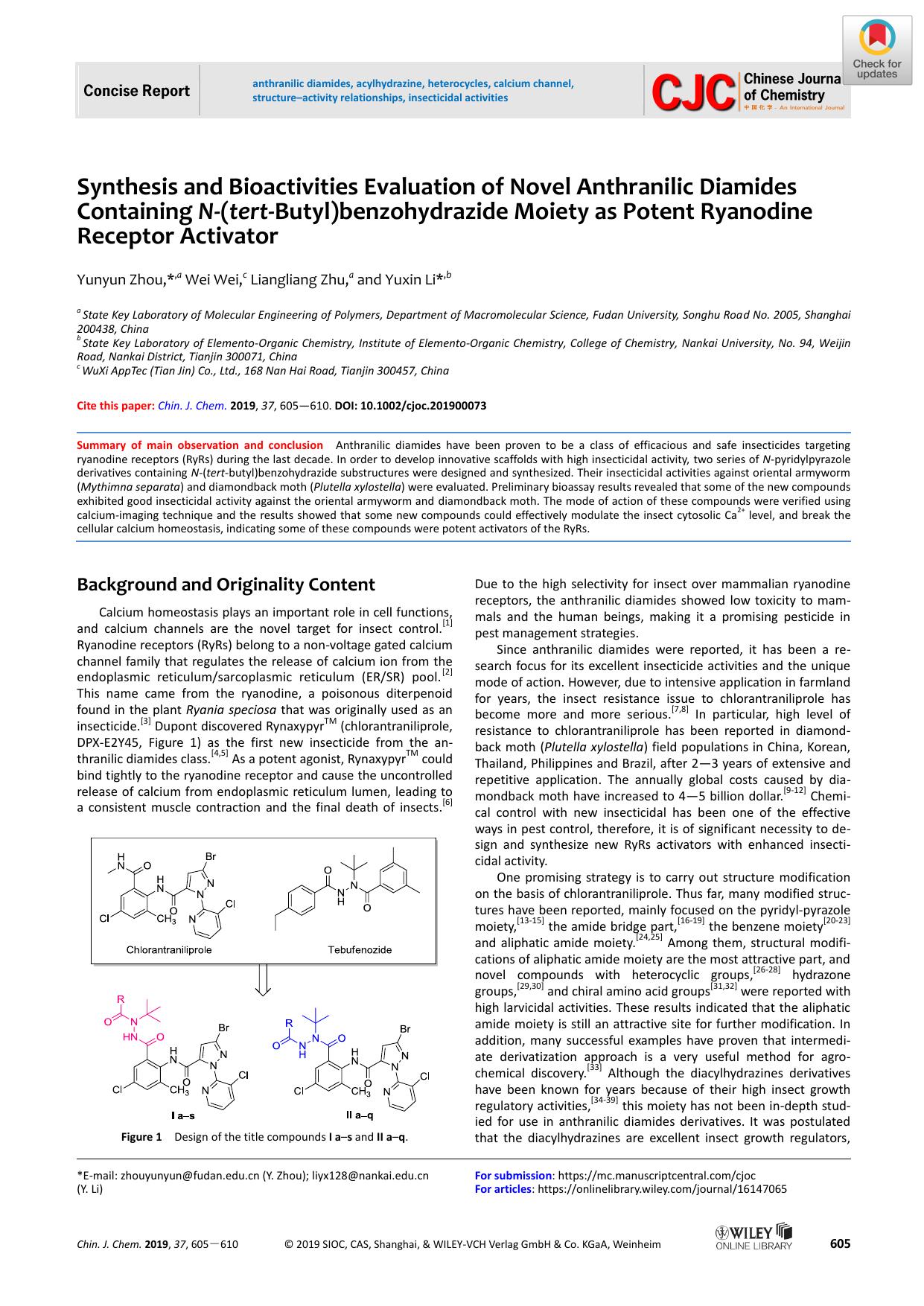 Synthesis and Bioactivities Evaluation of Novel Anthranilic Diamides Containing Nâ(tertâButyl)benzohydrazide Moiety as Potent Ryanodine Receptor Activator by unknown