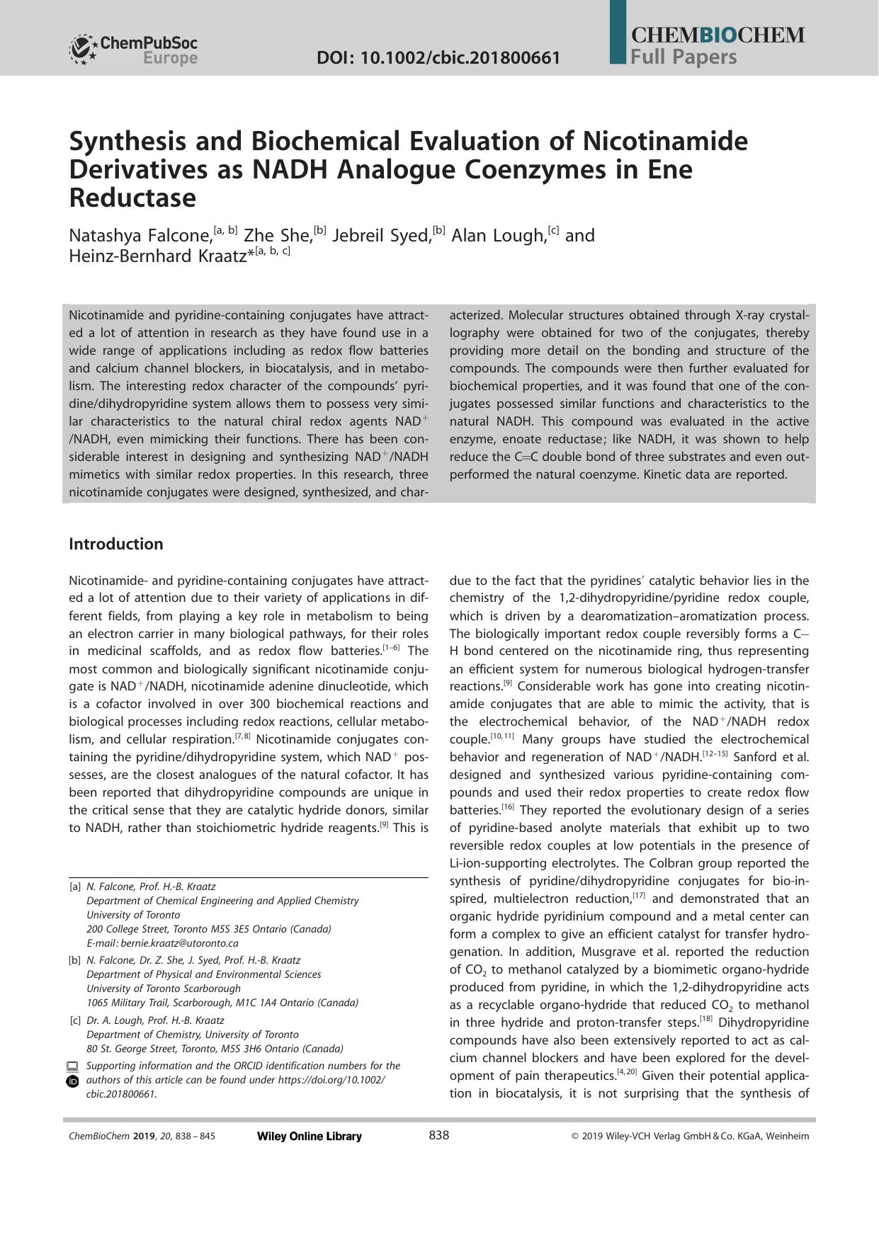 Synthesis and Biochemical Evaluation of Nicotinamide Derivatives as NADH Analogue Coenzymes in Ene Reductase by Unknown