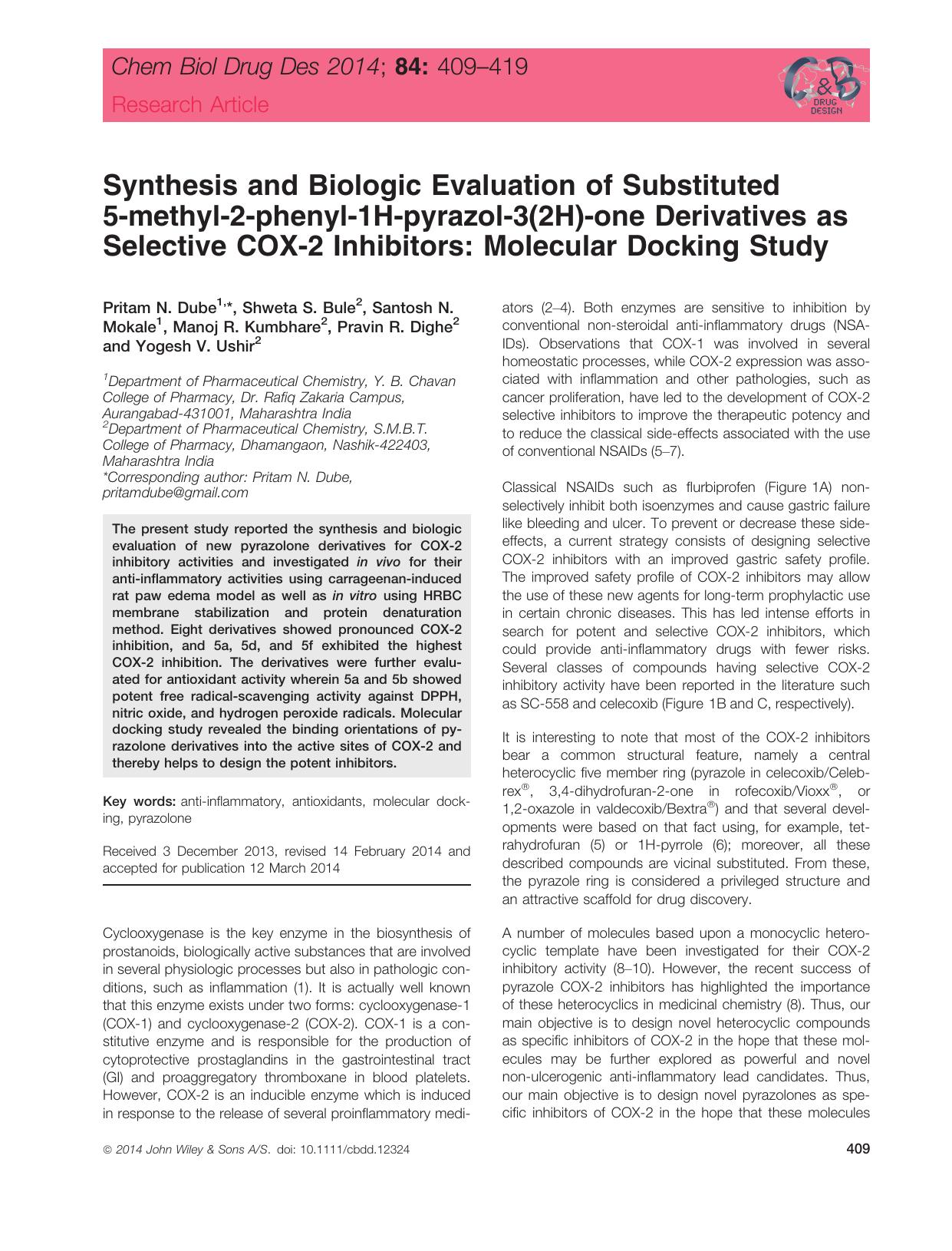 Synthesis and Biologic Evaluation of Substituted 5methyl2phenyl1Hpyrazol3(2H)one Derivatives as Selective COX2 Inhibitors: Molecular Docking Study by unknow