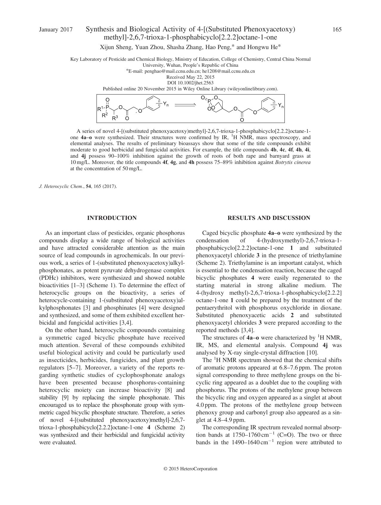 Synthesis and Biological Activity of 4-[(Substituted Phenoxyacetoxy)methyl]-2,6,7-trioxa-1-phosphabicyclo[2.2.2]octane-1-one by Xijun Sheng Yuan Zhou Shasha Zhang Hao Peng Hongwu He