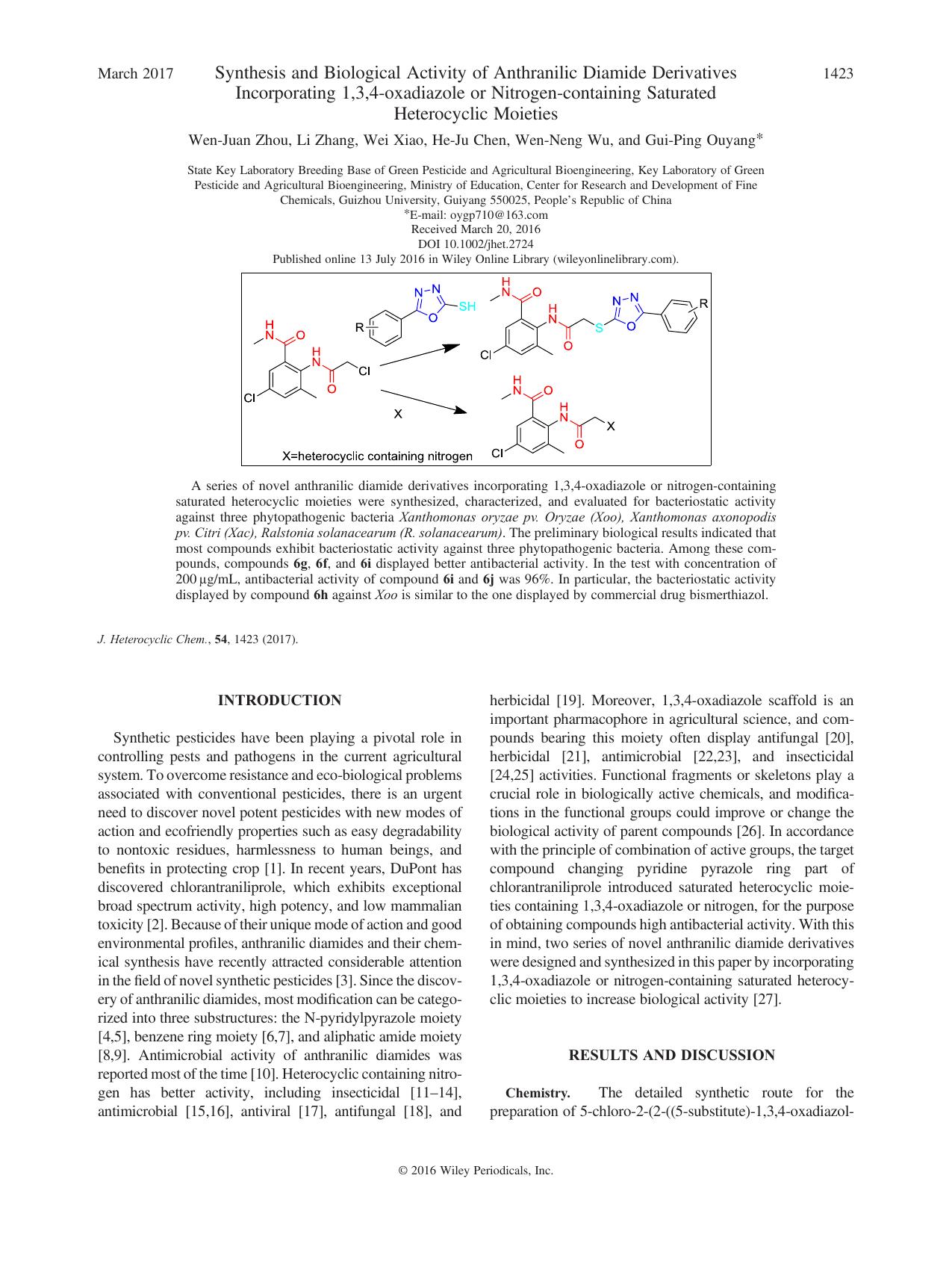 Synthesis and Biological Activity of Anthranilic Diamide Derivatives Incorporating 1,3,4-oxadiazole or Nitrogen-containing Saturated Heterocyclic Moieties by Wen-Juan Zhou Li Zhang Wei Xiao He-Ju Chen Wen-Neng Wu Gui-Ping Ouyang