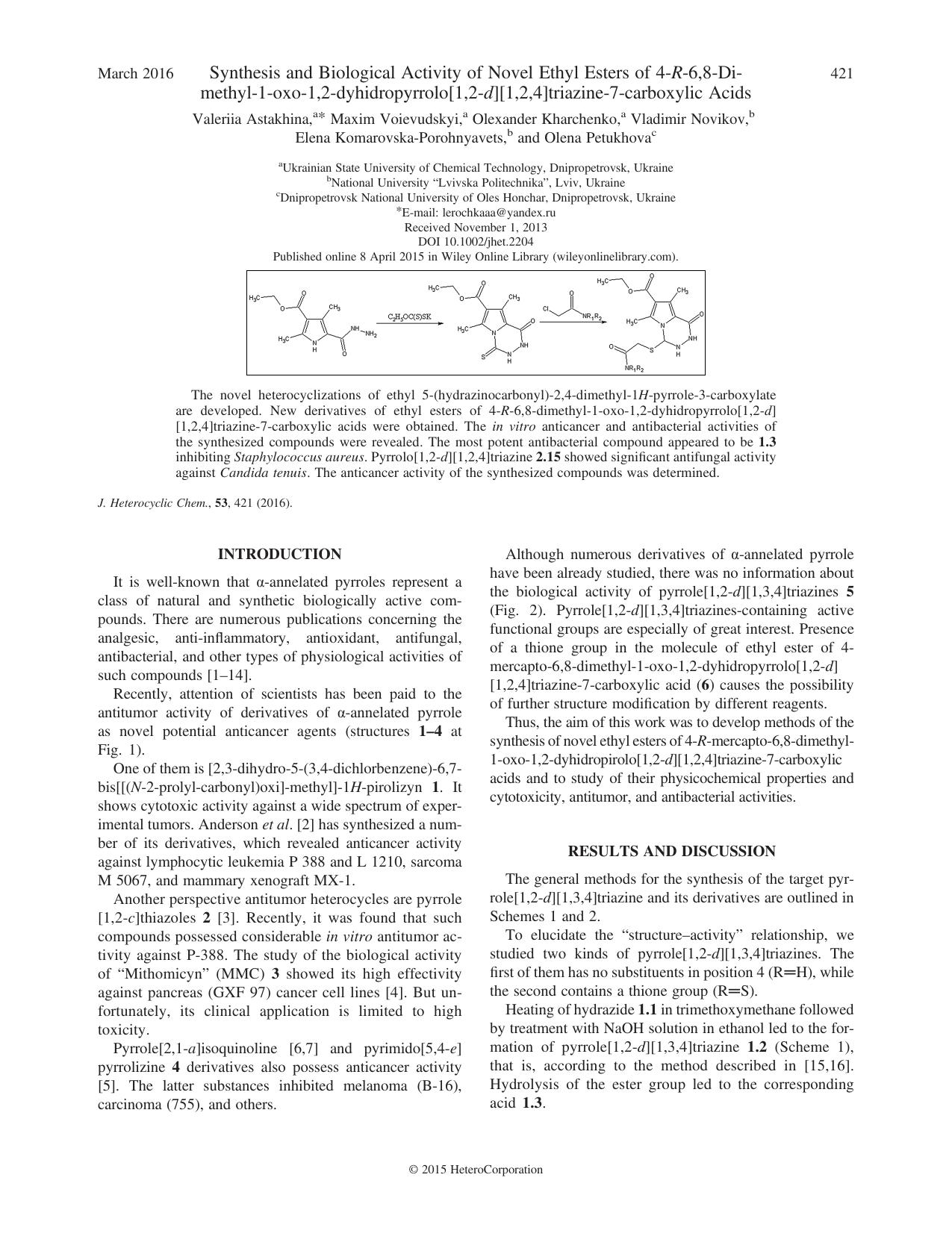 Synthesis and Biological Activity of Novel Ethyl Esters of 4-R-6,8-Dimethyl-1-oxo-1,2-dyhidropyrrolo[1,2-d][1,2,4]triazine-7-carboxylic Acids by unknow