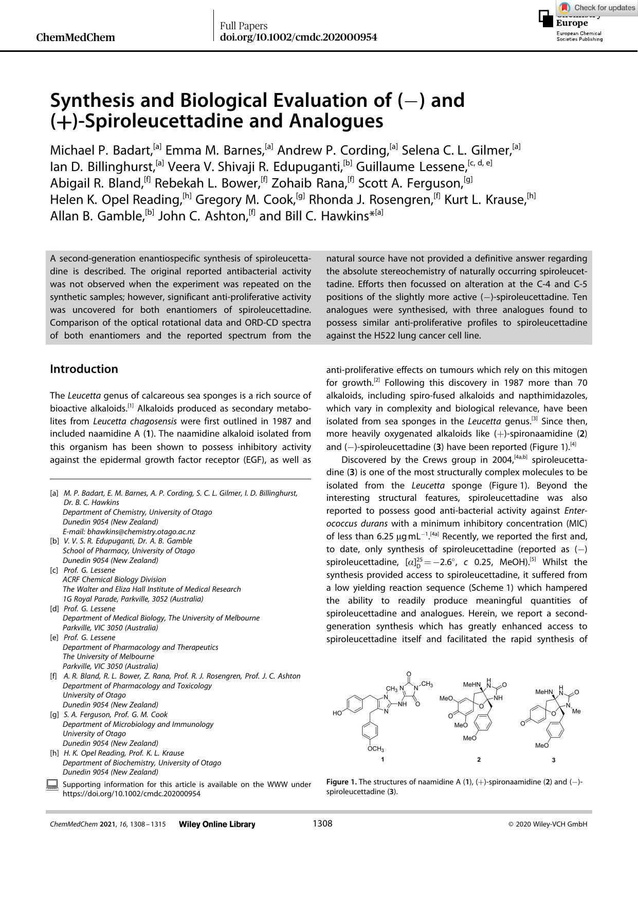 Synthesis and Biological Evaluation of (â) and (+)âSpiroleucettadine and Analogues by Unknown