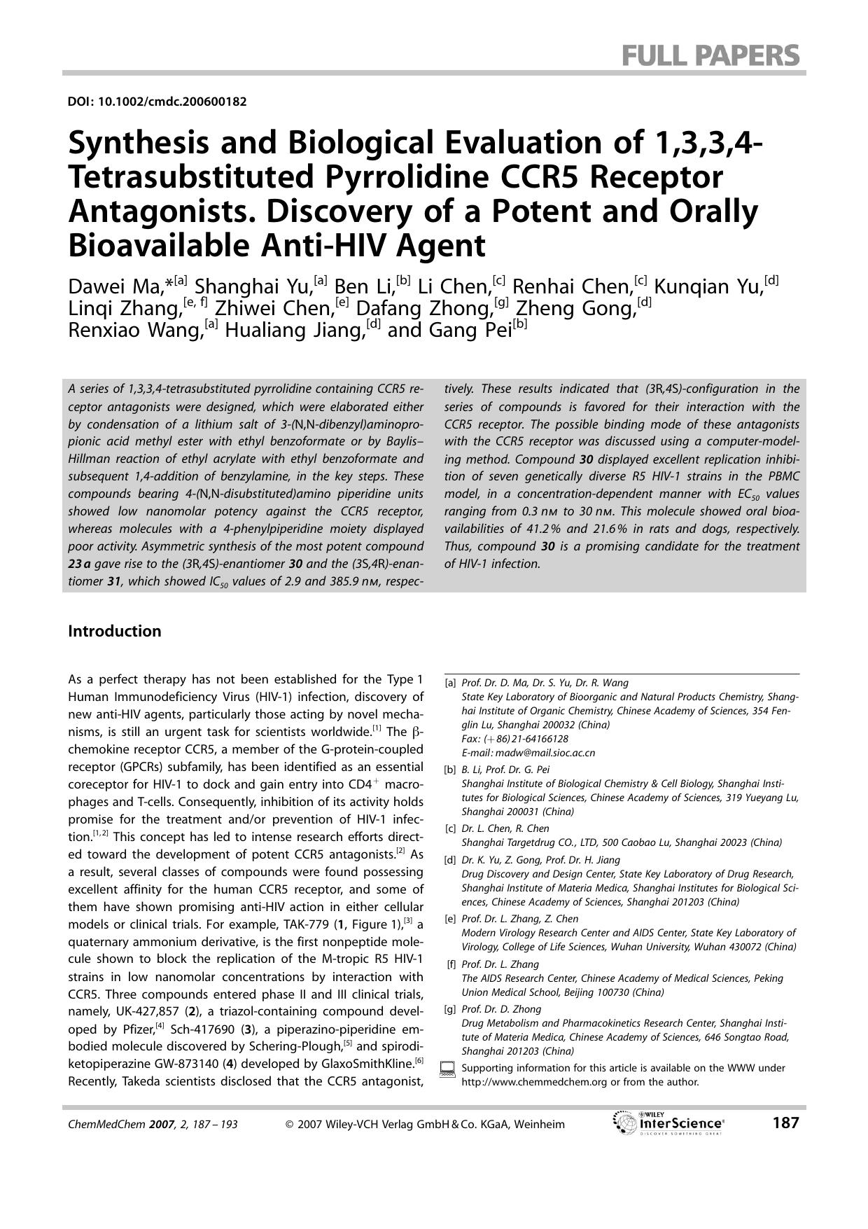 Synthesis and Biological Evaluation of 1,3,3,4-Tetrasubstituted Pyrrolidine CCR5 Receptor Antagonists. Discovery of a Potent and Orally Bioavailable Anti-HIV Agent by Unknown