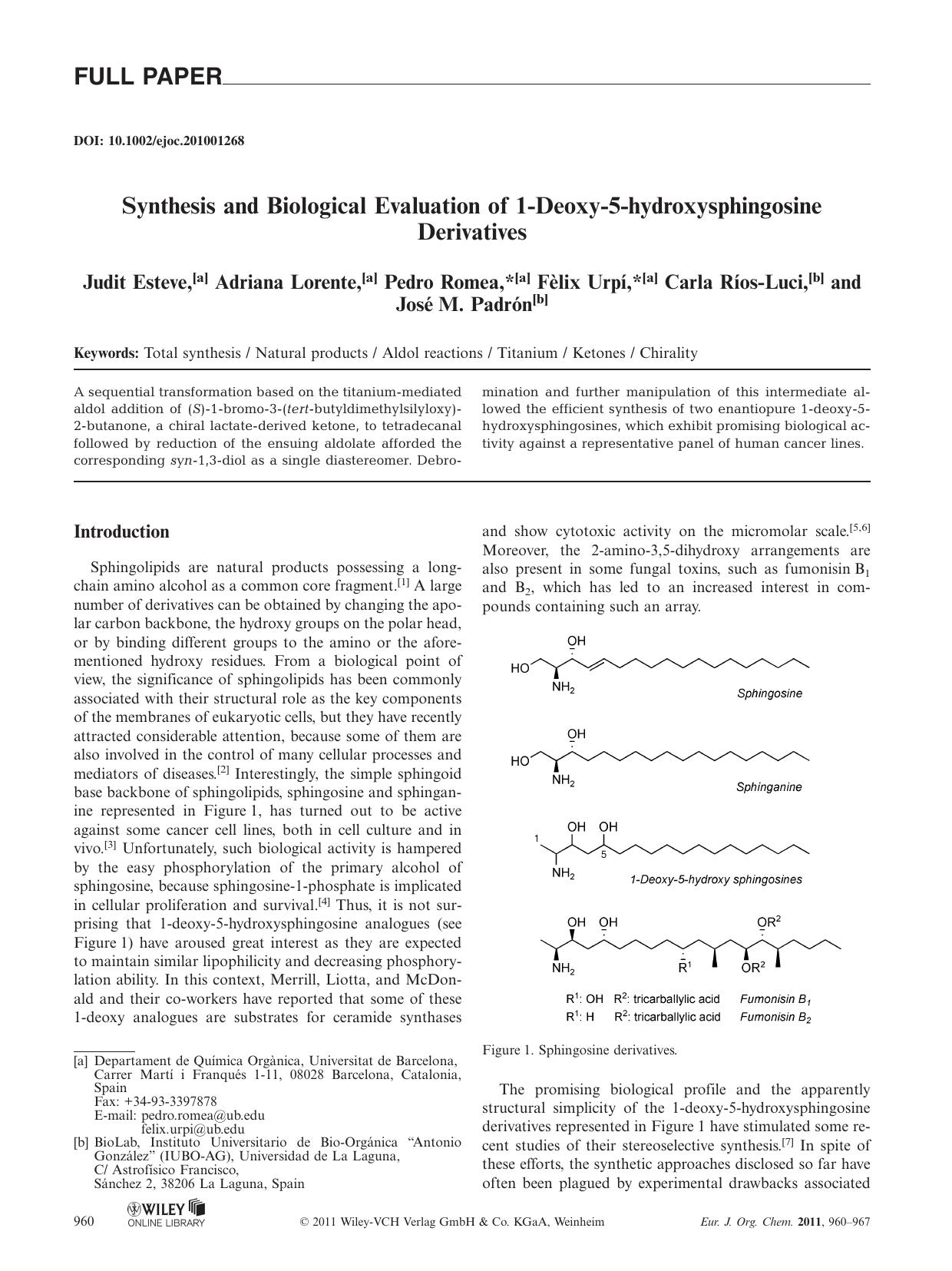 Synthesis and Biological Evaluation of 1Deoxy5hydroxysphingosine Derivatives by Unknown