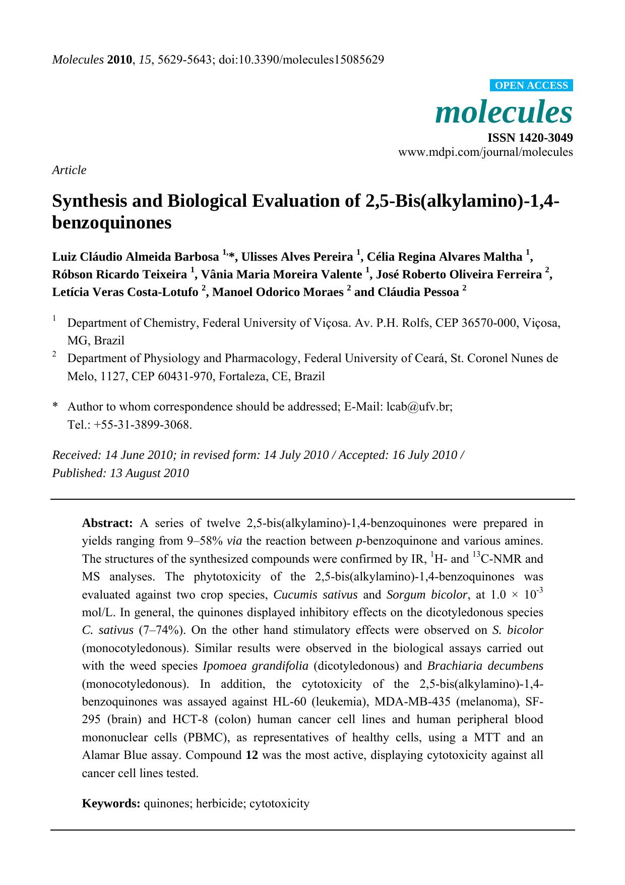 Synthesis and Biological Evaluation of 2,5-Bis(alkylamino)-1,4-benzoquinones by unknow