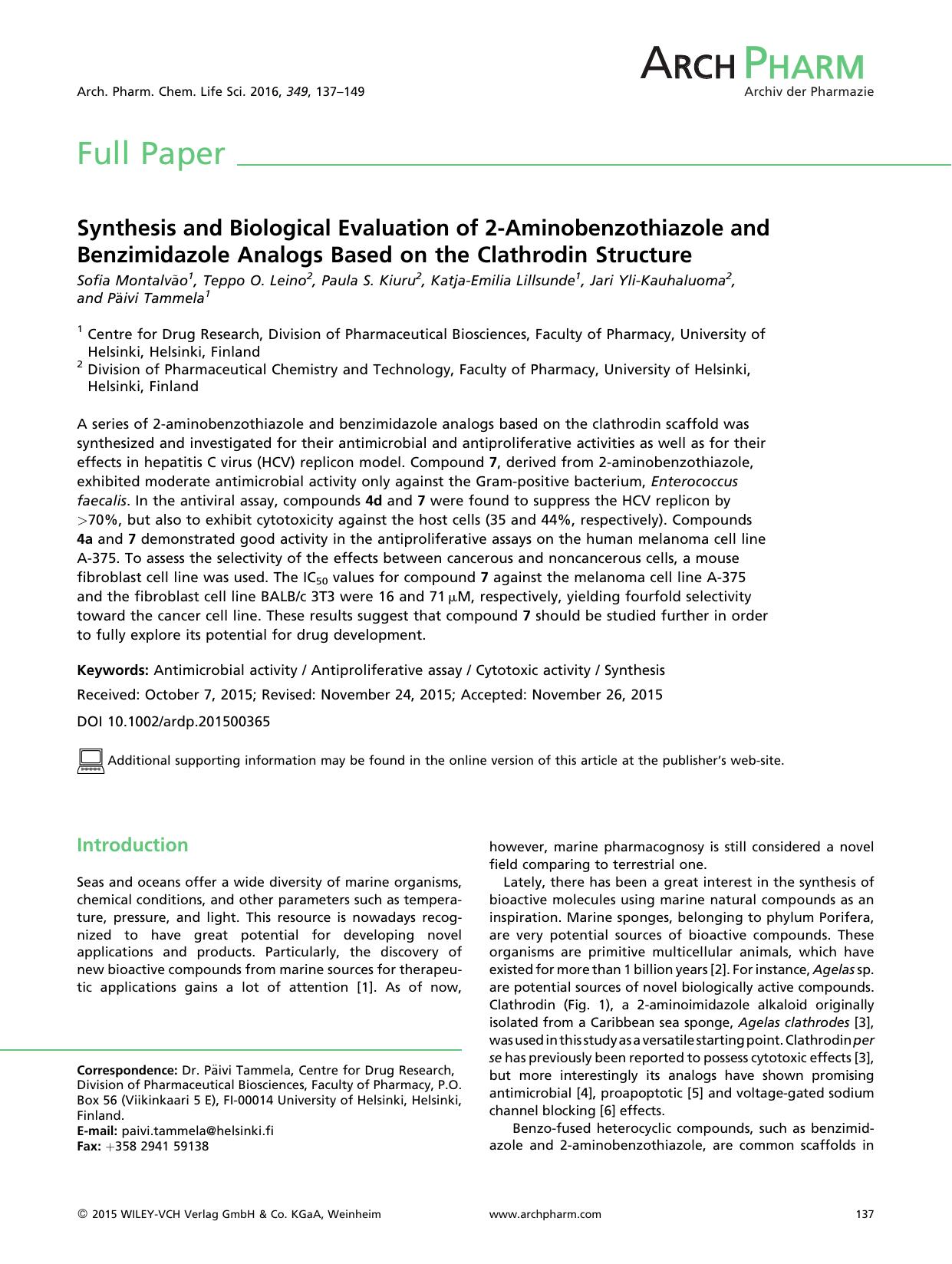 Synthesis and Biological Evaluation of 2-Aminobenzothiazole and Benzimidazole Analogs Based on the Clathrodin Structure by Unknown