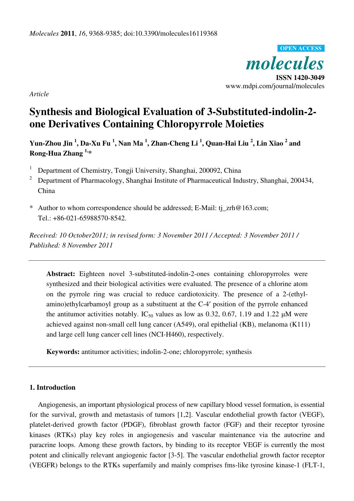 Synthesis and Biological Evaluation of 3-Substituted-indolin-2-one Derivatives Containing Chloropyrrole Moieties by Yun-Zhou Jin & Da-Xu Fu & Nan Ma & Zhan-Cheng Li & Quan-Hai Liu & Lin Xiao and Rong-Hua Zhang