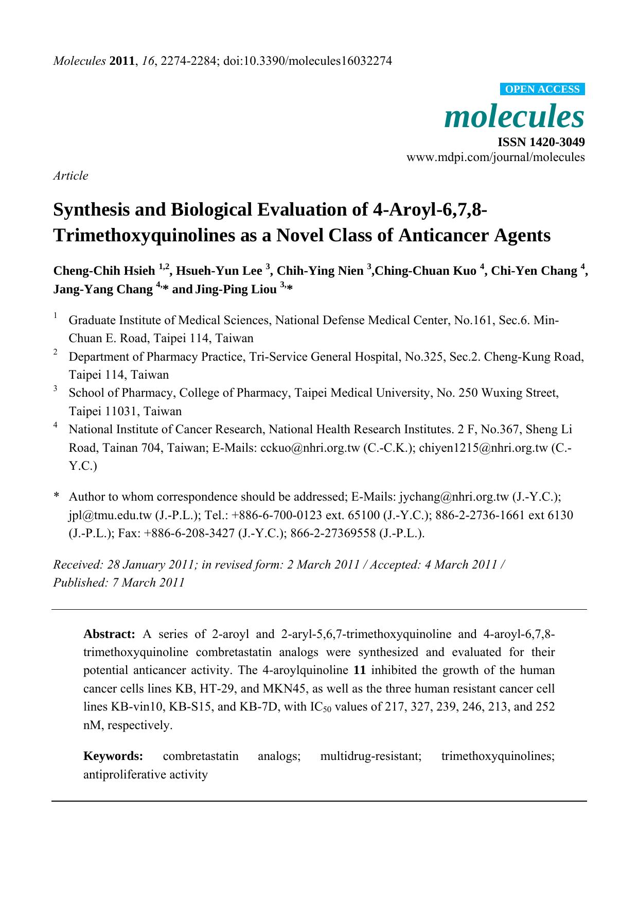 Synthesis and Biological Evaluation of 4-Aroyl-6,7,8-Trimethoxyquinolines as a Novel Class of Anticancer Agents by unknow