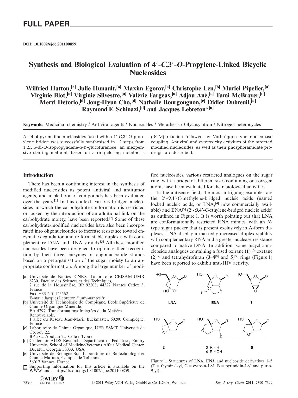 Synthesis and Biological Evaluation of 4C,3OPropyleneLinked Bicyclic Nucleosides by Unknown