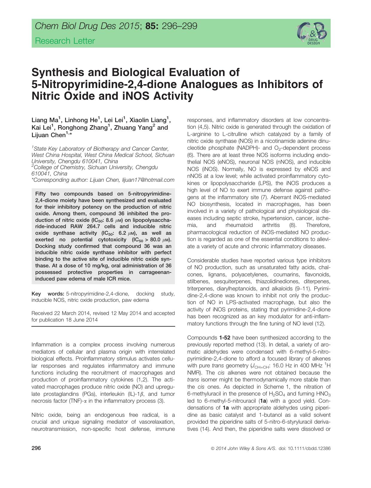 Synthesis and Biological Evaluation of 5‐Nitropyrimidine‐2,4‐dione Analogues as Inhibitors of Nitric Oxide and iNOS Activity by unknow