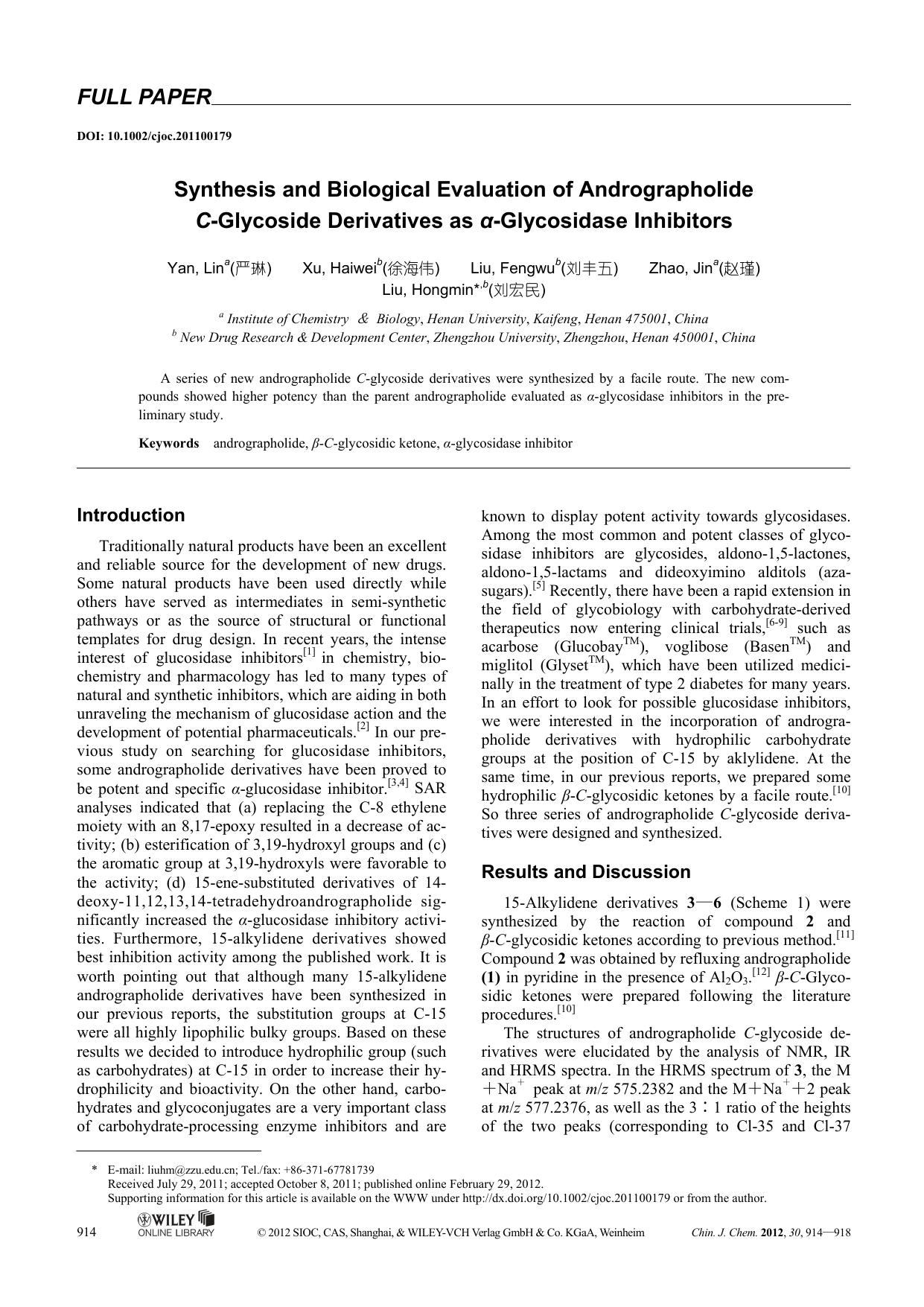 Synthesis and Biological Evaluation of Andrographolide CGlycoside Derivatives as &alpha;Glycosidase Inhibitors by uy
