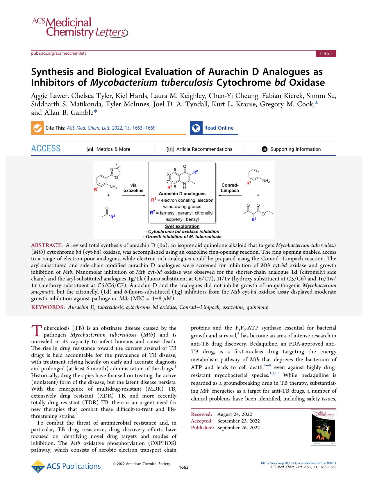 Synthesis and Biological Evaluation of Aurachin D Analogues as Inhibitors of Mycobacterium tuberculosis Cytochrome bd Oxidase by unknow