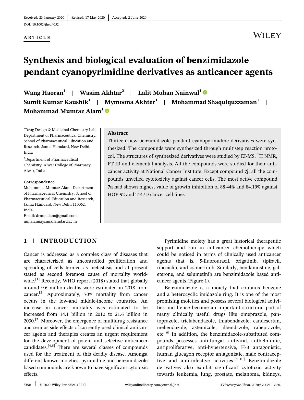 Synthesis and Biological Evaluation of Benzimidazole Pendant Cyanopyrimidine Derivatives as Anticancer Agents by Unknown