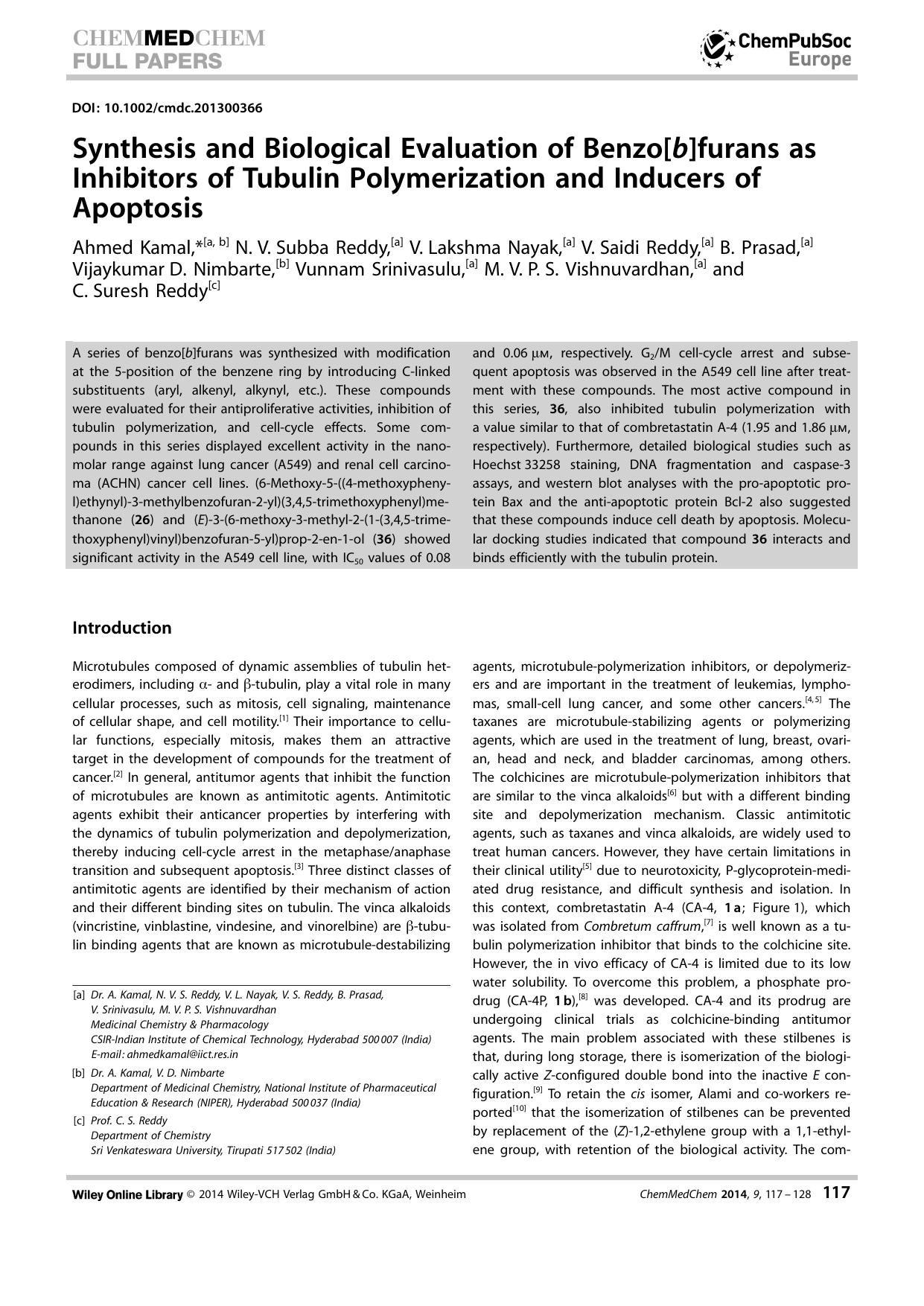 Synthesis and Biological Evaluation of Benzo[b]furans as Inhibitors of Tubulin Polymerization and Inducers of Apoptosis by Unknown