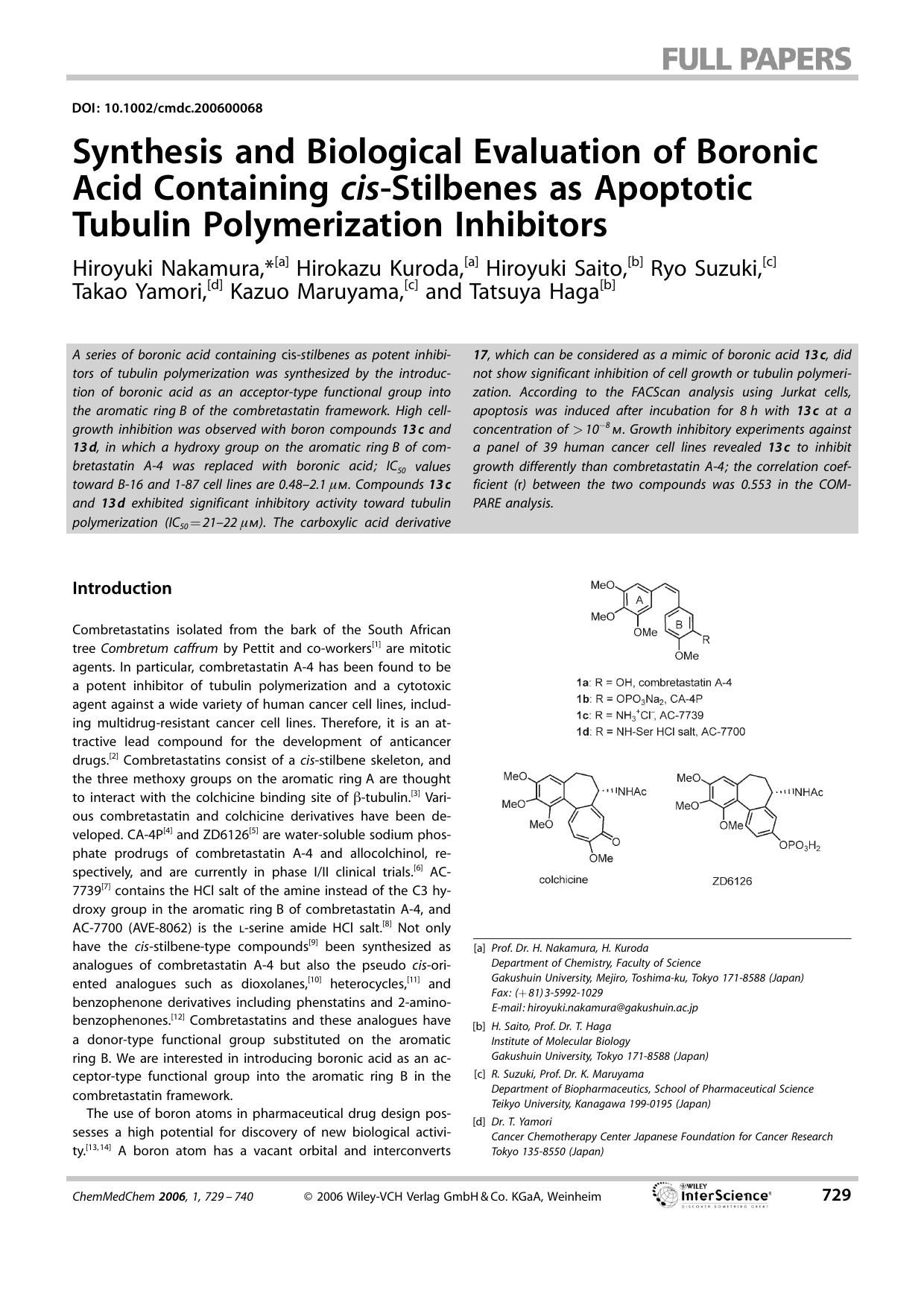 Synthesis and Biological Evaluation of Boronic Acid Containing cis-Stilbenes as Apoptotic Tubulin Polymerization Inhibitors by Unknown