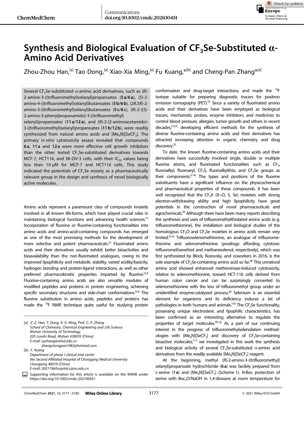 Synthesis and Biological Evaluation of CF3SeâSubstituted Î±âAmino Acid Derivatives by Unknown