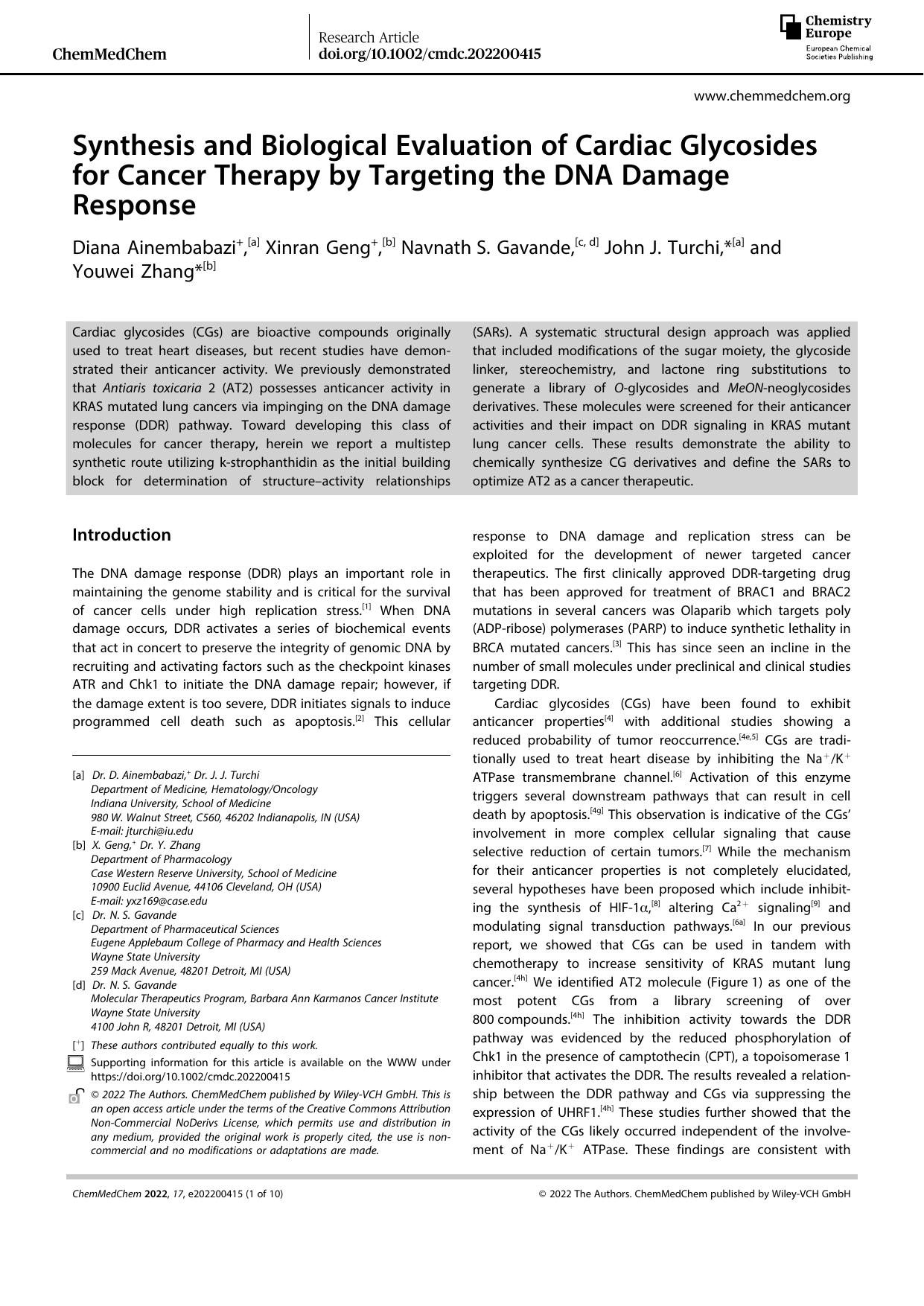 Synthesis and Biological Evaluation of Cardiac Glycosides for Cancer Therapy by Targeting the DNA Damage Response by Unknown