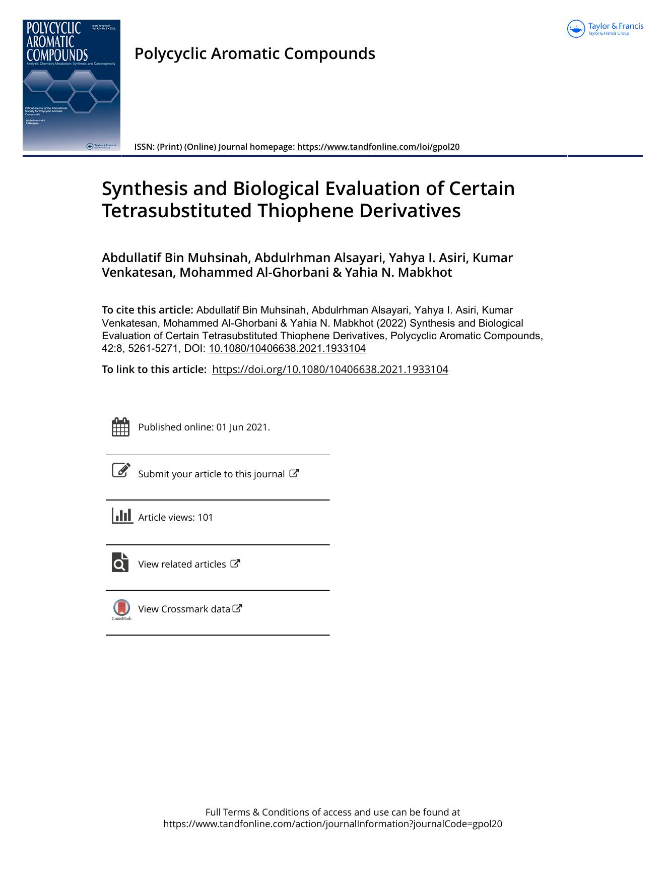 Synthesis and Biological Evaluation of Certain Tetrasubstituted Thiophene Derivatives by unknow