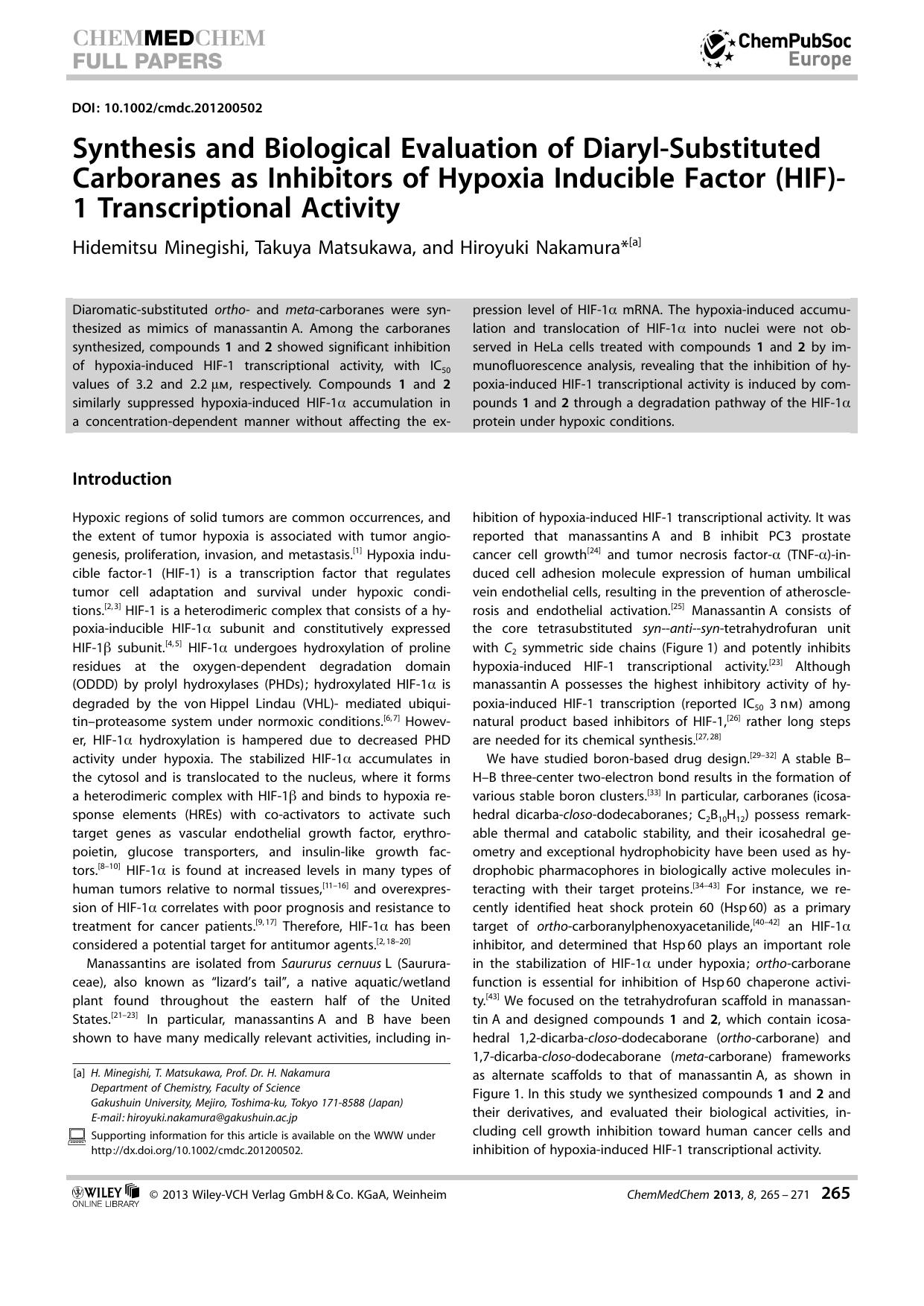 Synthesis and Biological Evaluation of DiarylSubstituted Carboranes as Inhibitors of Hypoxia Inducible Factor (HIF)1 Transcriptional Activity by Unknown
