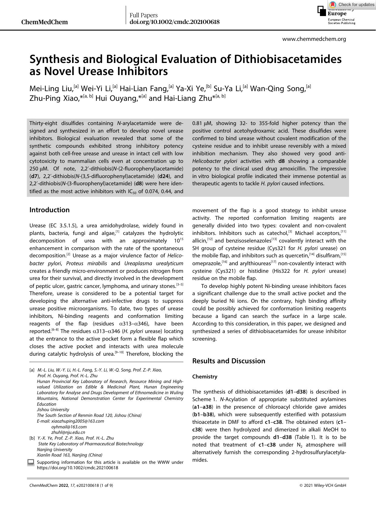 Synthesis and Biological Evaluation of Dithiobisacetamides as Novel Urease Inhibitors by Unknown
