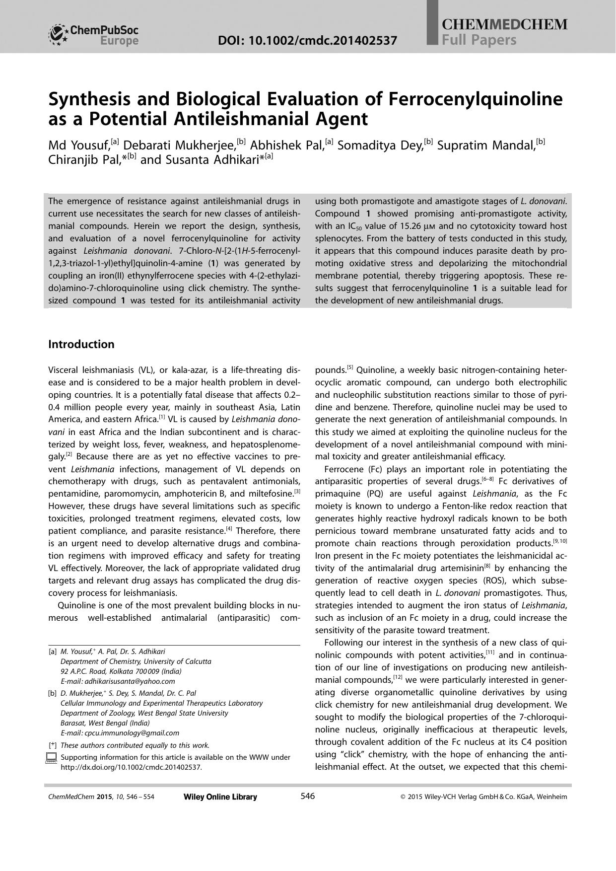 Synthesis and Biological Evaluation of Ferrocenylquinoline as a Potential Antileishmanial Agent by Unknown