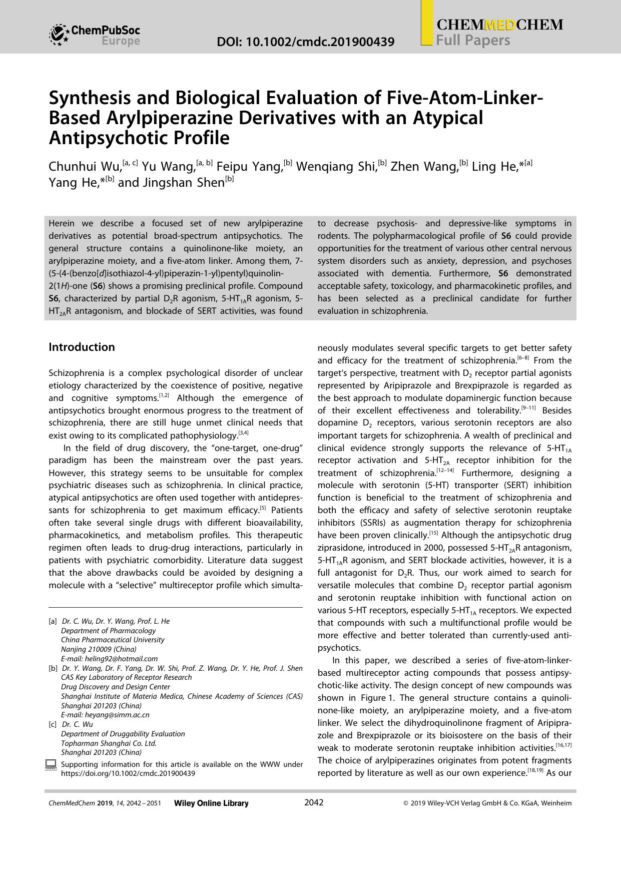 Synthesis and Biological Evaluation of FiveâAtomâLinkerâBased Arylpiperazine Derivatives with an Atypical Antipsychotic Profile by Unknown