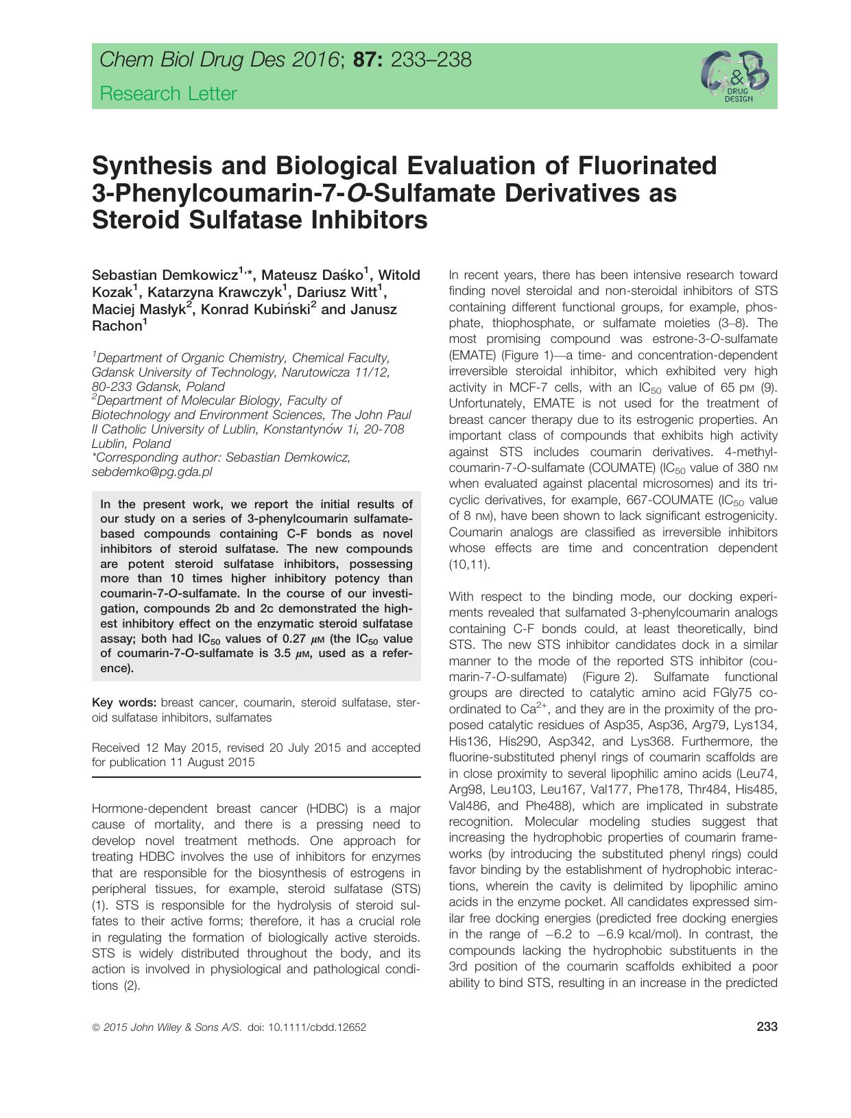 Synthesis and Biological Evaluation of Fluorinated 3‐Phenylcoumarin‐7‐O‐Sulfamate Derivatives as Steroid Sulfatase Inhibitors by unknow