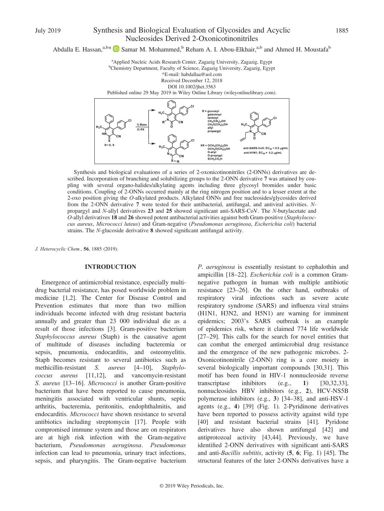 Synthesis and Biological Evaluation of Glycosides and Acyclic Nucleosides Derived 2-Oxonicotinonitriles by Abdalla E. Hassan Samar M. Mohammed Reham A. I. Abou-Elkhair Ahmed H. Moustafa