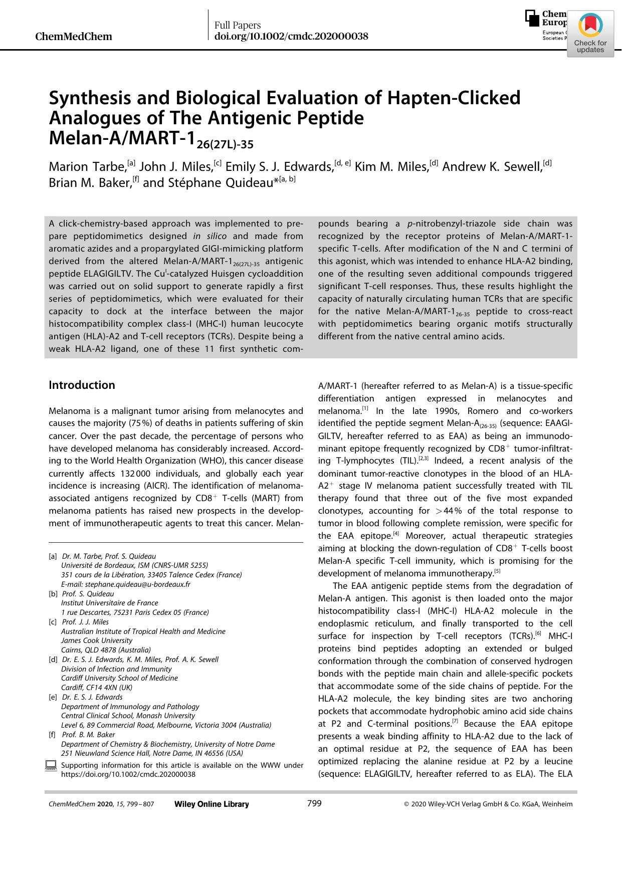 Synthesis and Biological Evaluation of HaptenâClicked Analogues of The Antigenic Peptide MelanâAMARTâ126(27L)â35 by Unknown