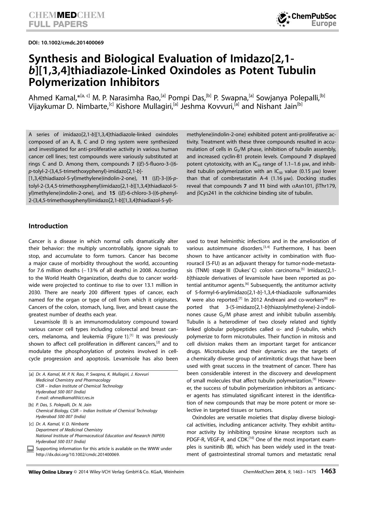 Synthesis and Biological Evaluation of Imidazo[2,1b][1,3,4]thiadiazoleLinked Oxindoles as Potent Tubulin Polymerization Inhibitors by Unknown