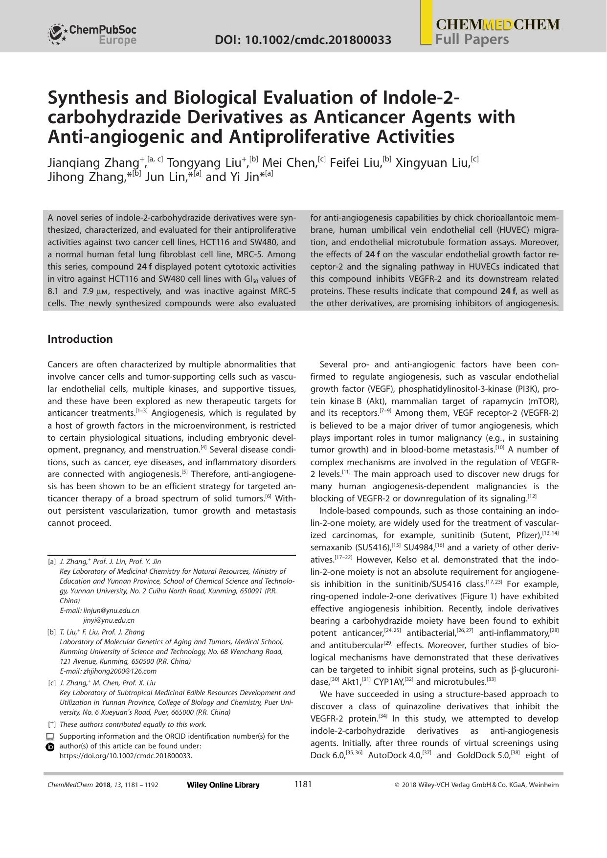 Synthesis and Biological Evaluation of Indoleâ2âcarbohydrazide Derivatives as Anticancer Agents with Antiâangiogenic and Antiproliferative Activities by Unknown