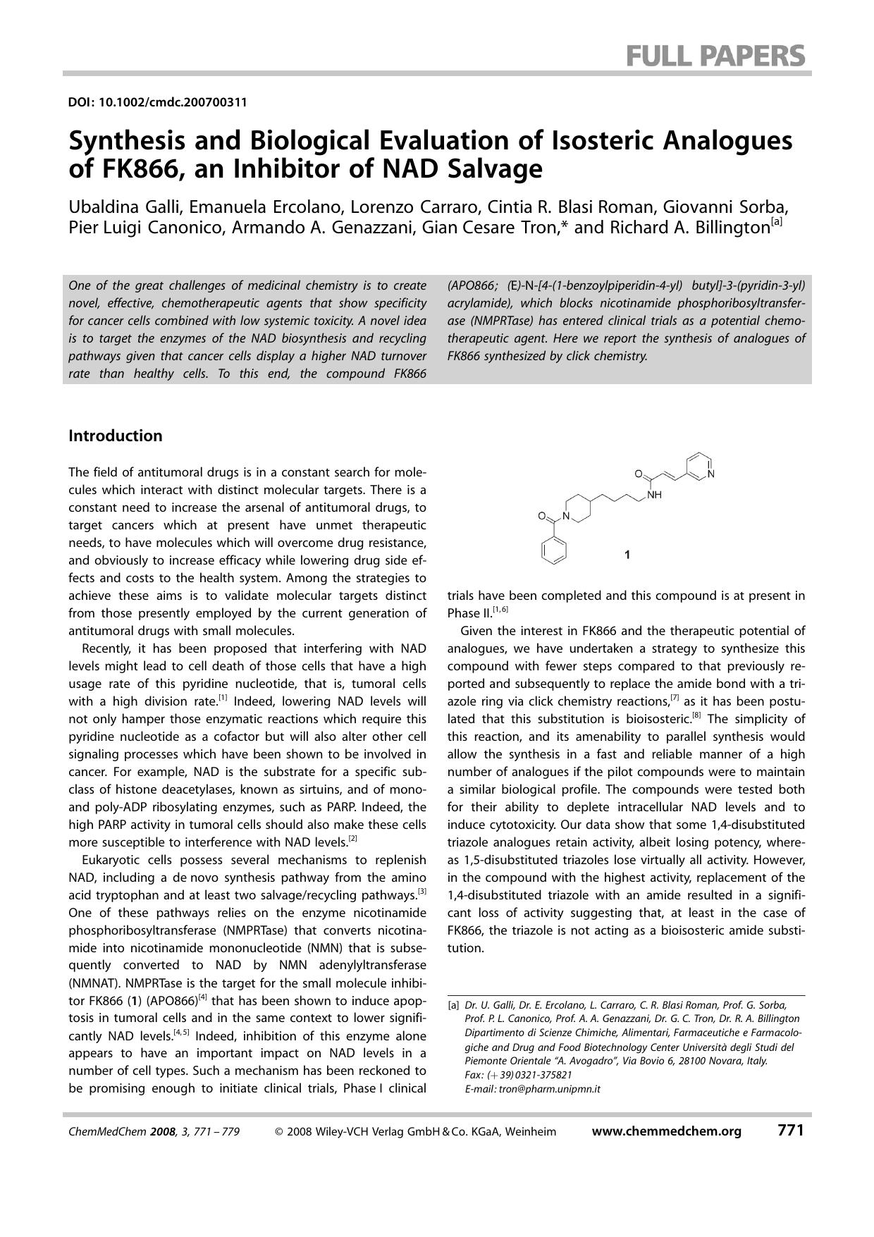 Synthesis and Biological Evaluation of Isosteric Analogues of FK866, an Inhibitor of NAD Salvage by Unknown