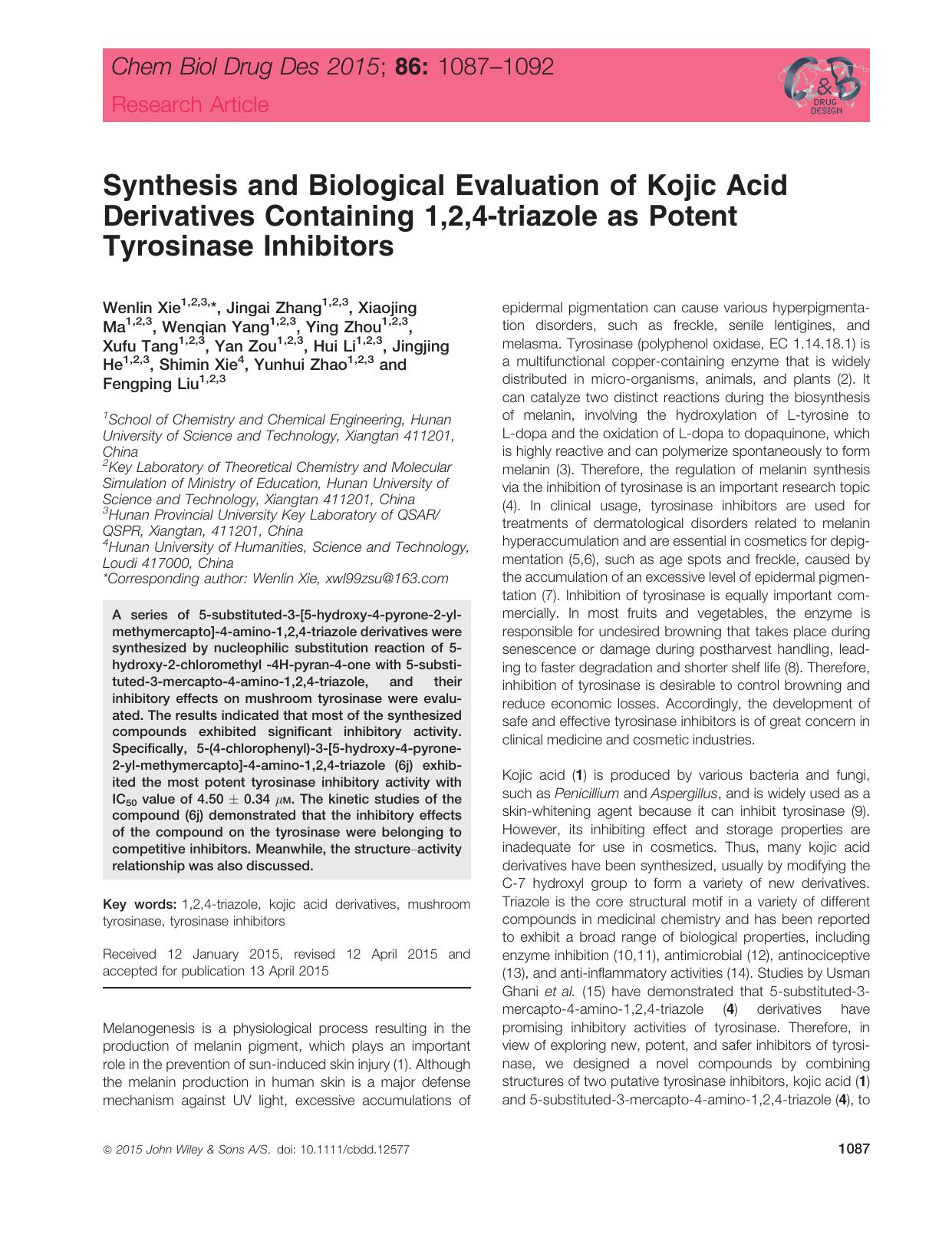 Synthesis and Biological Evaluation of Kojic Acid Derivatives Containing 1,2,4‐triazole as Potent Tyrosinase Inhibitors by unknow