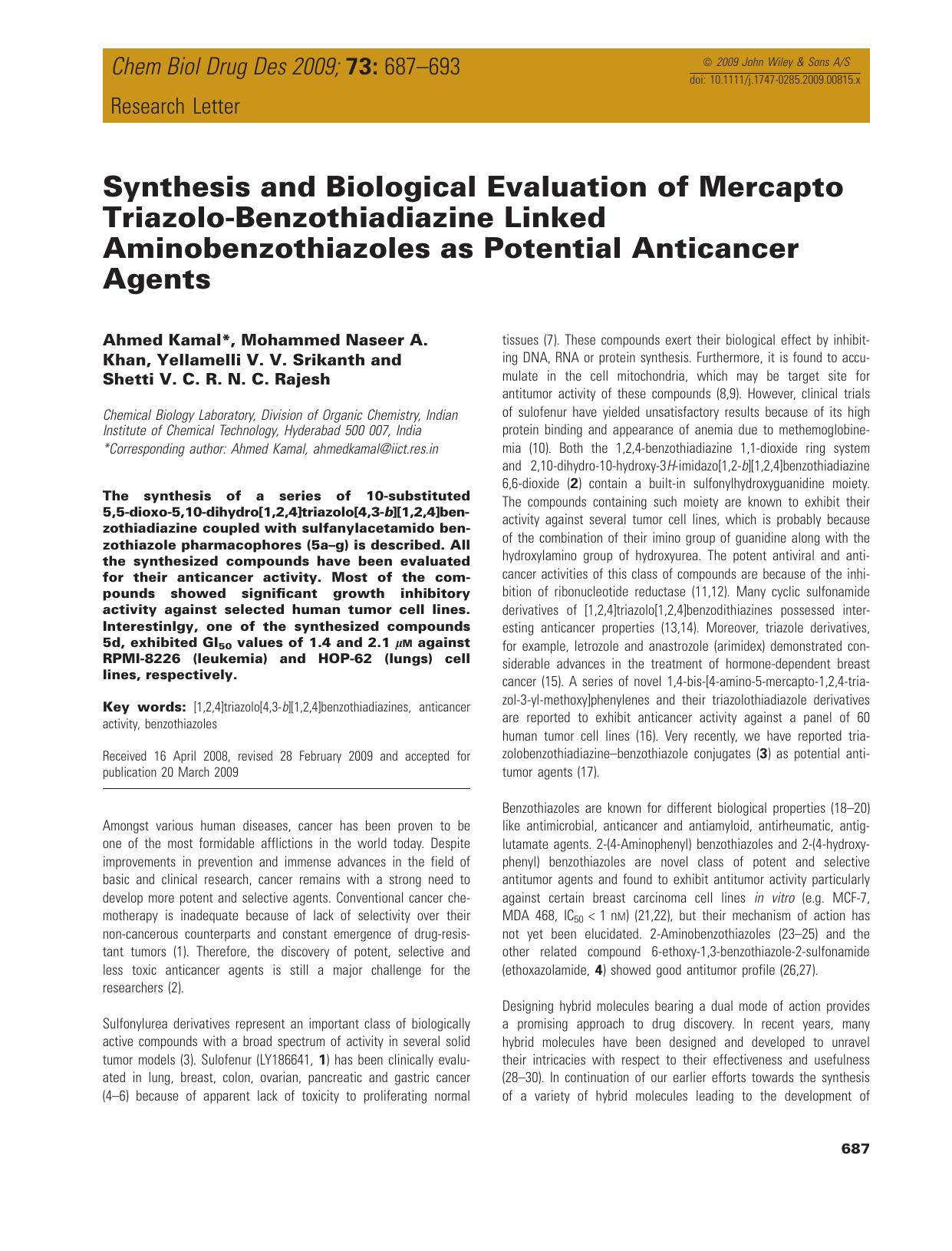 Synthesis and Biological Evaluation of Mercapto Triazolo-Benzothiadiazine Linked Aminobenzothiazoles as Potential Anticancer Agents by unknow