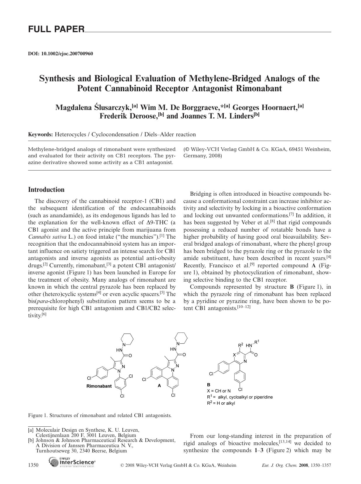 Synthesis and Biological Evaluation of Methylene-Bridged Analogs of the Potent Cannabinoid Receptor Antagonist Rimonabant by Unknown
