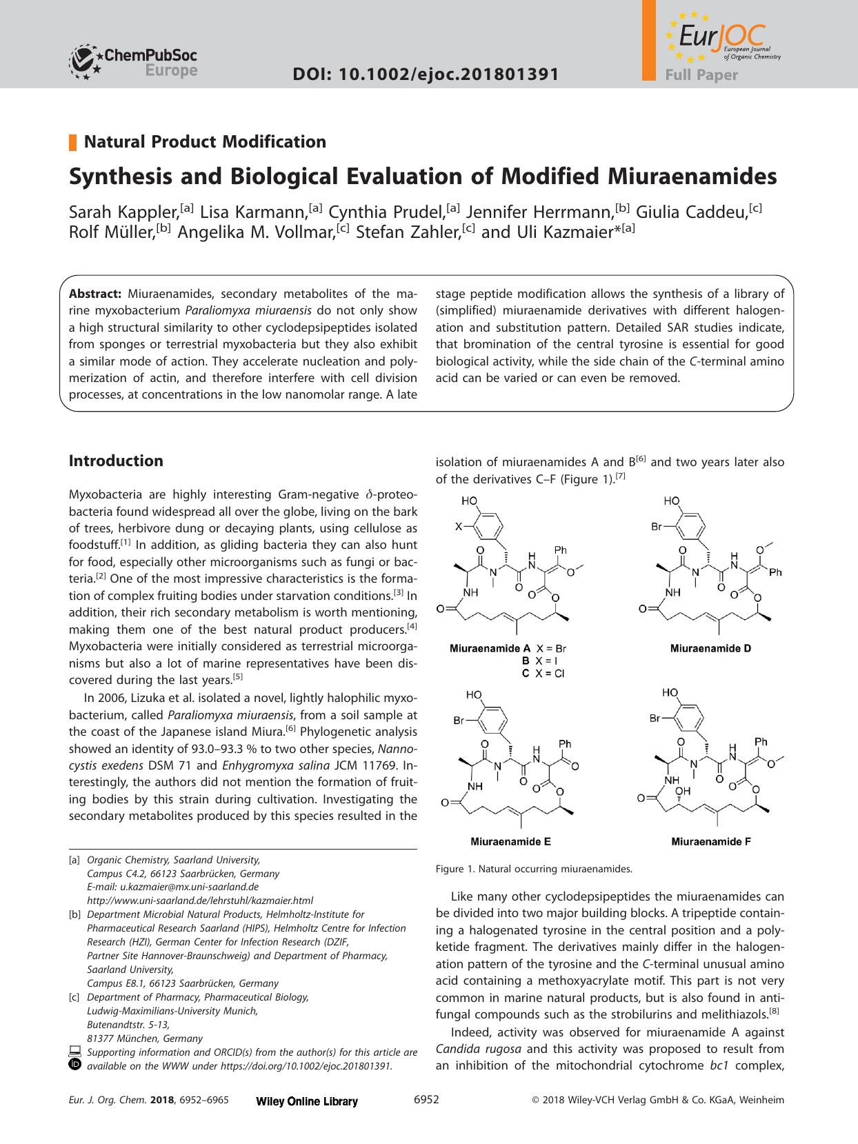 Synthesis and Biological Evaluation of Modified Miuraenamides by Unknown