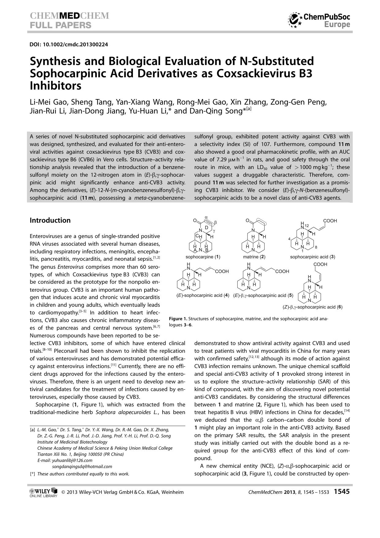Synthesis and Biological Evaluation of NSubstituted Sophocarpinic Acid Derivatives as CoxsackievirusB3 Inhibitors by Unknown