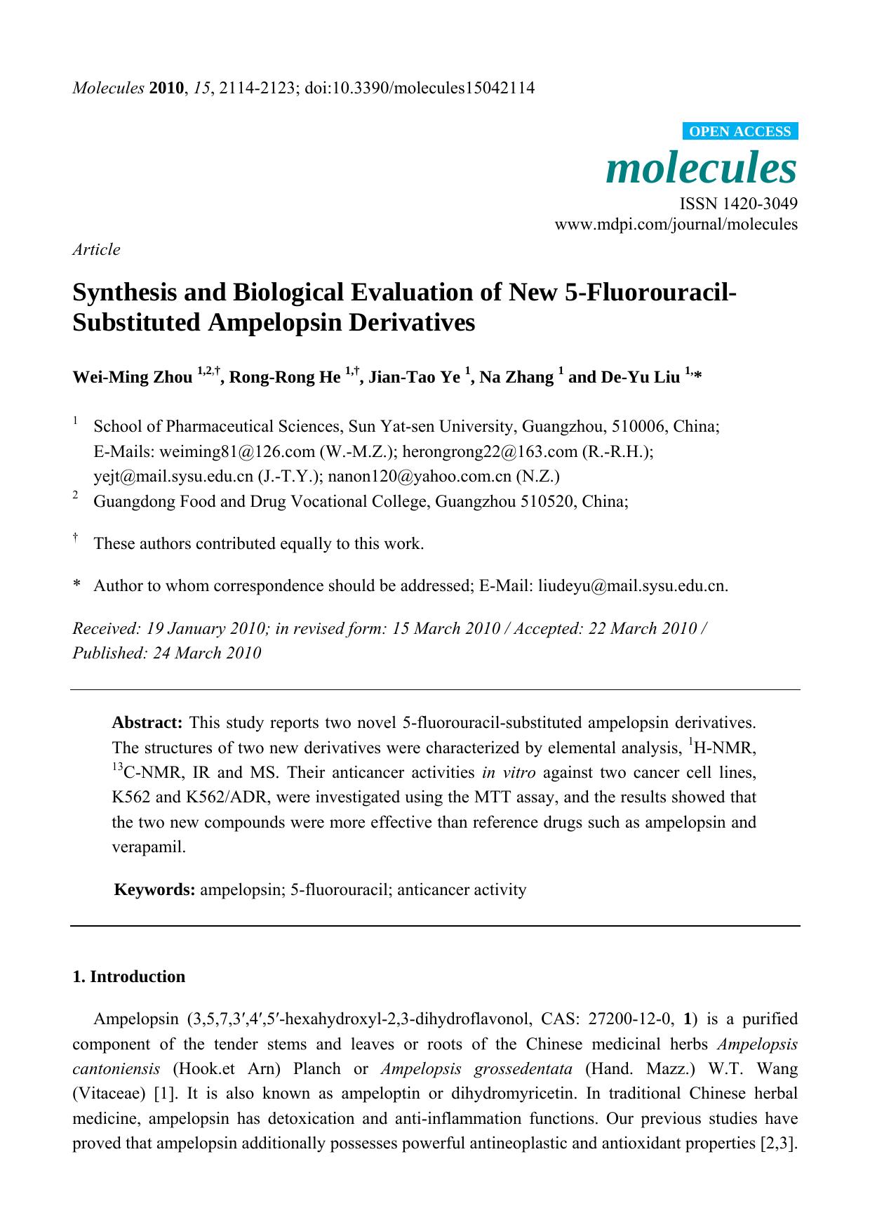 Synthesis and Biological Evaluation of New 5-Fluorouracil-Substituted Ampelopsin Derivatives by Wei-Ming Zhou & Rong-Rong He & Jian-Tao Ye & Na Zhang & De-Yu Liu