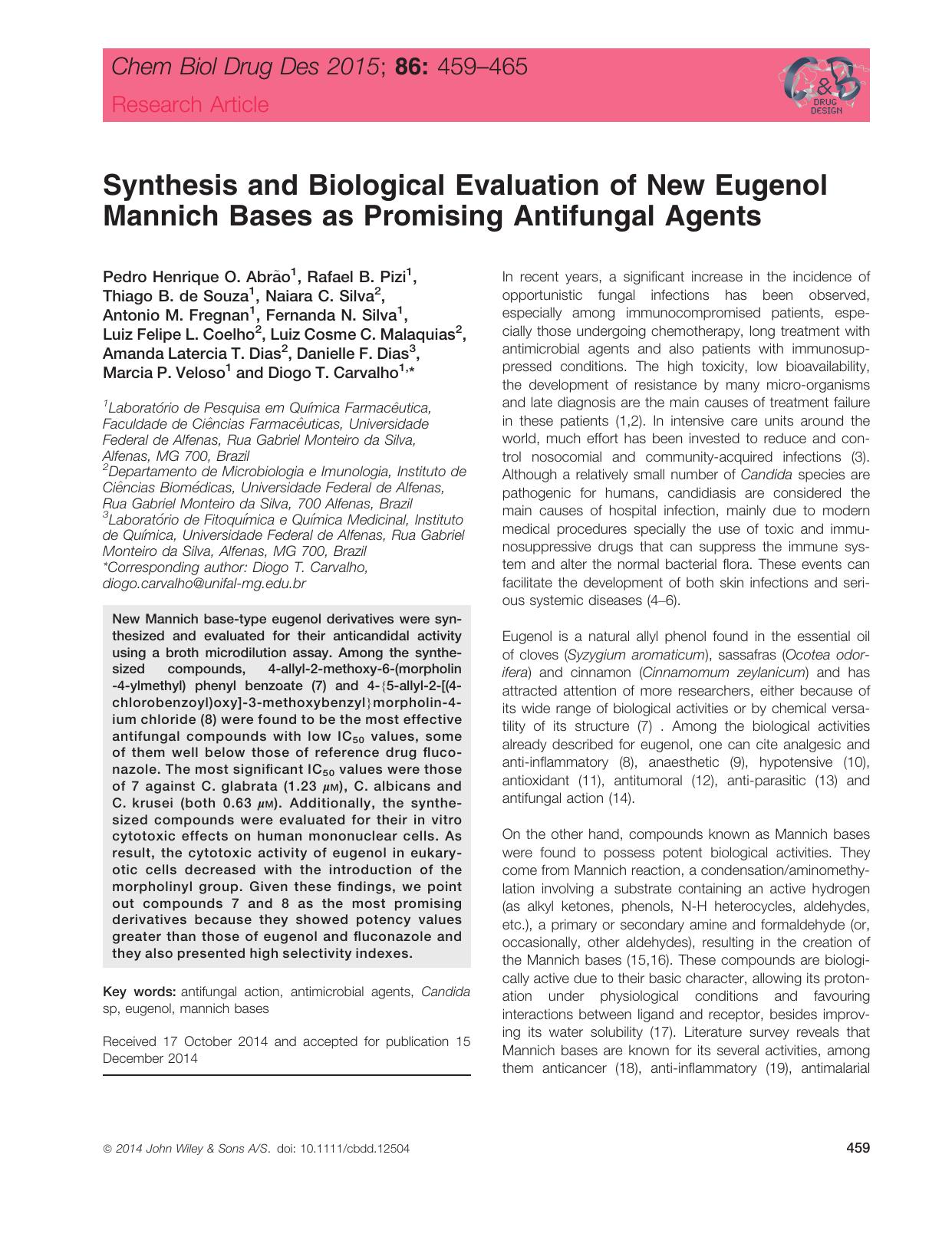 Synthesis and Biological Evaluation of New Eugenol Mannich Bases as Promising Antifungal Agents by unknow