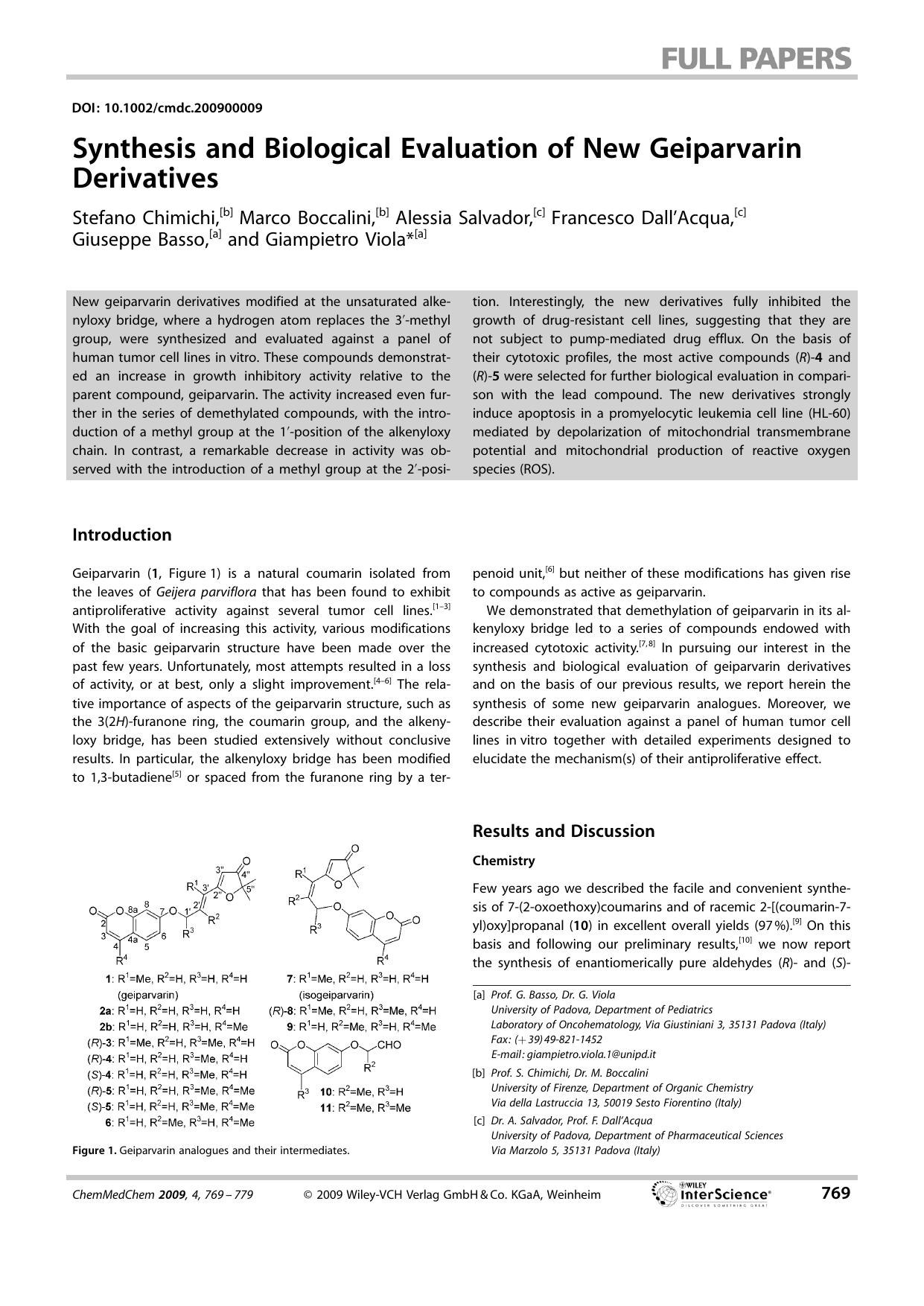 Synthesis and Biological Evaluation of New Geiparvarin Derivatives by Unknown