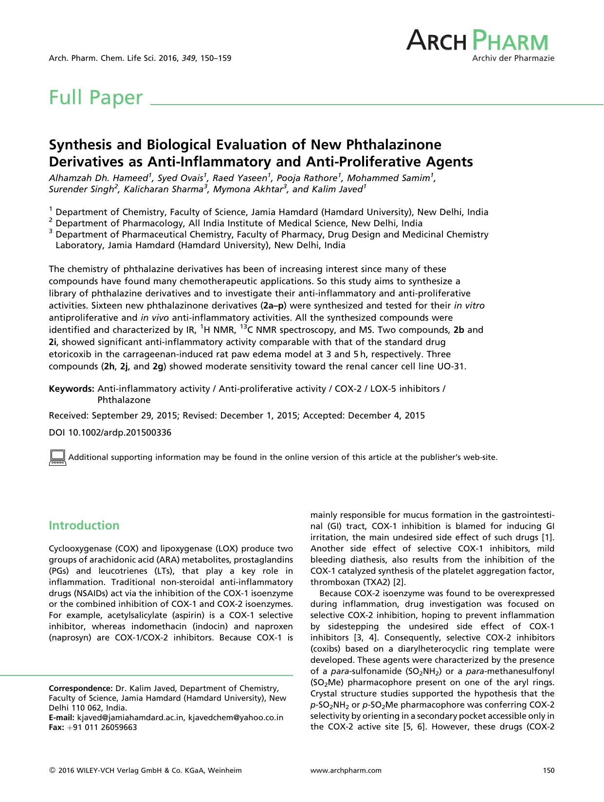 Synthesis and Biological Evaluation of New Phthalazinone Derivatives as Anti-Inflammatory and Anti-Proliferative Agents by Unknown