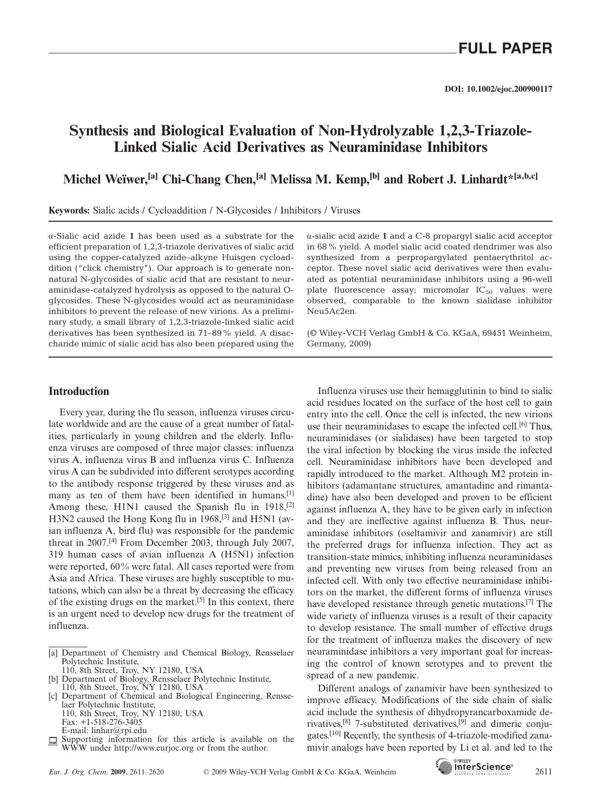 Synthesis and Biological Evaluation of Non-Hydrolyzable 1,2,3-Triazole-Linked Sialic Acid Derivatives as Neuraminidase Inhibitors by Unknown