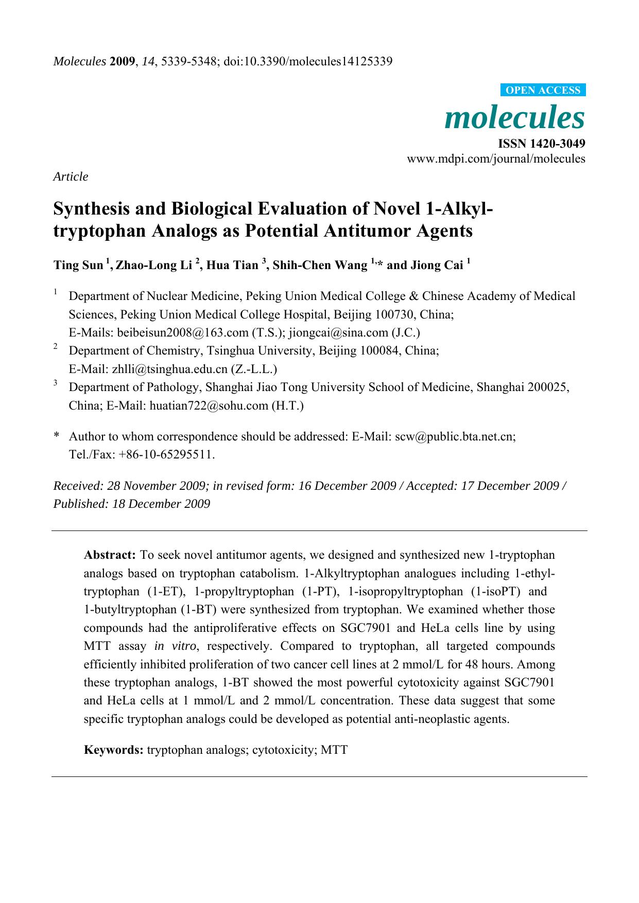 Synthesis and Biological Evaluation of Novel 1-Alkyl-tryptophan Analogs as Potential Antitumor Agents by Ting Sun & Zhao-Long Li & Hua Tian & Shih-Chen Wang 1 & Jiong Cai