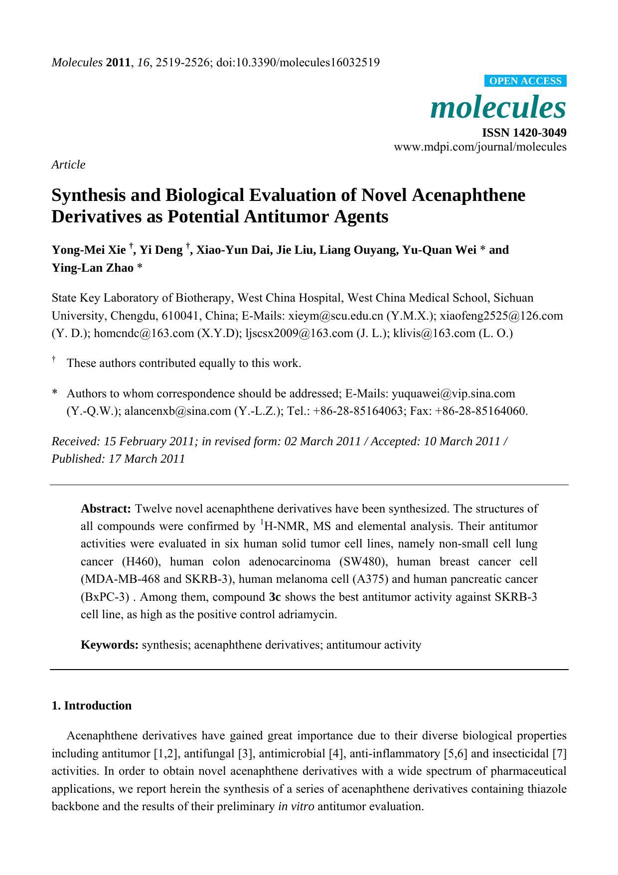Synthesis and Biological Evaluation of Novel Acenaphthene Derivatives as Potential Antitumor Agents by unknow