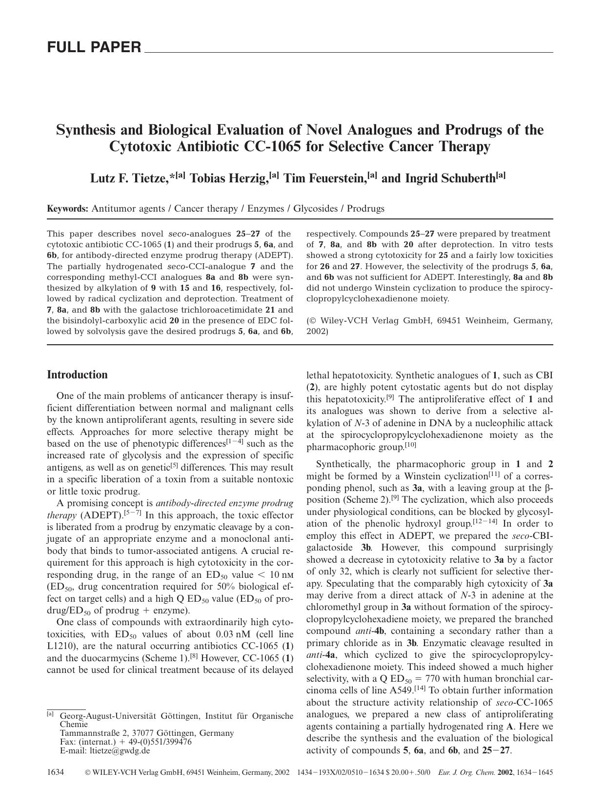 Synthesis and Biological Evaluation of Novel Analogues and Prodrugs of the Cytotoxic Antibiotic CC-1065 for Selective Cancer Therapy by Unknown