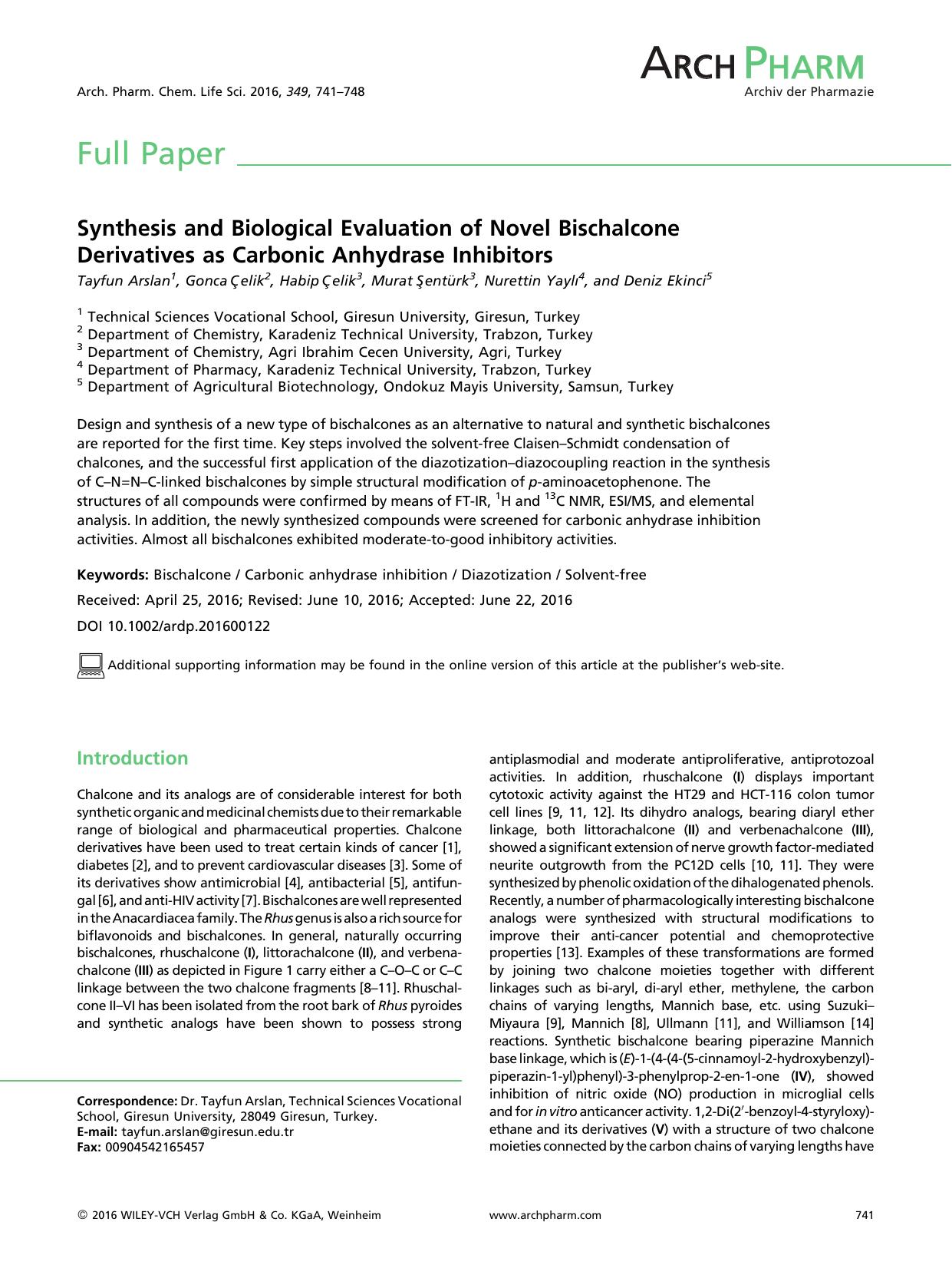 Synthesis and Biological Evaluation of Novel Bischalcone Derivatives as Carbonic Anhydrase Inhibitors by Unknown