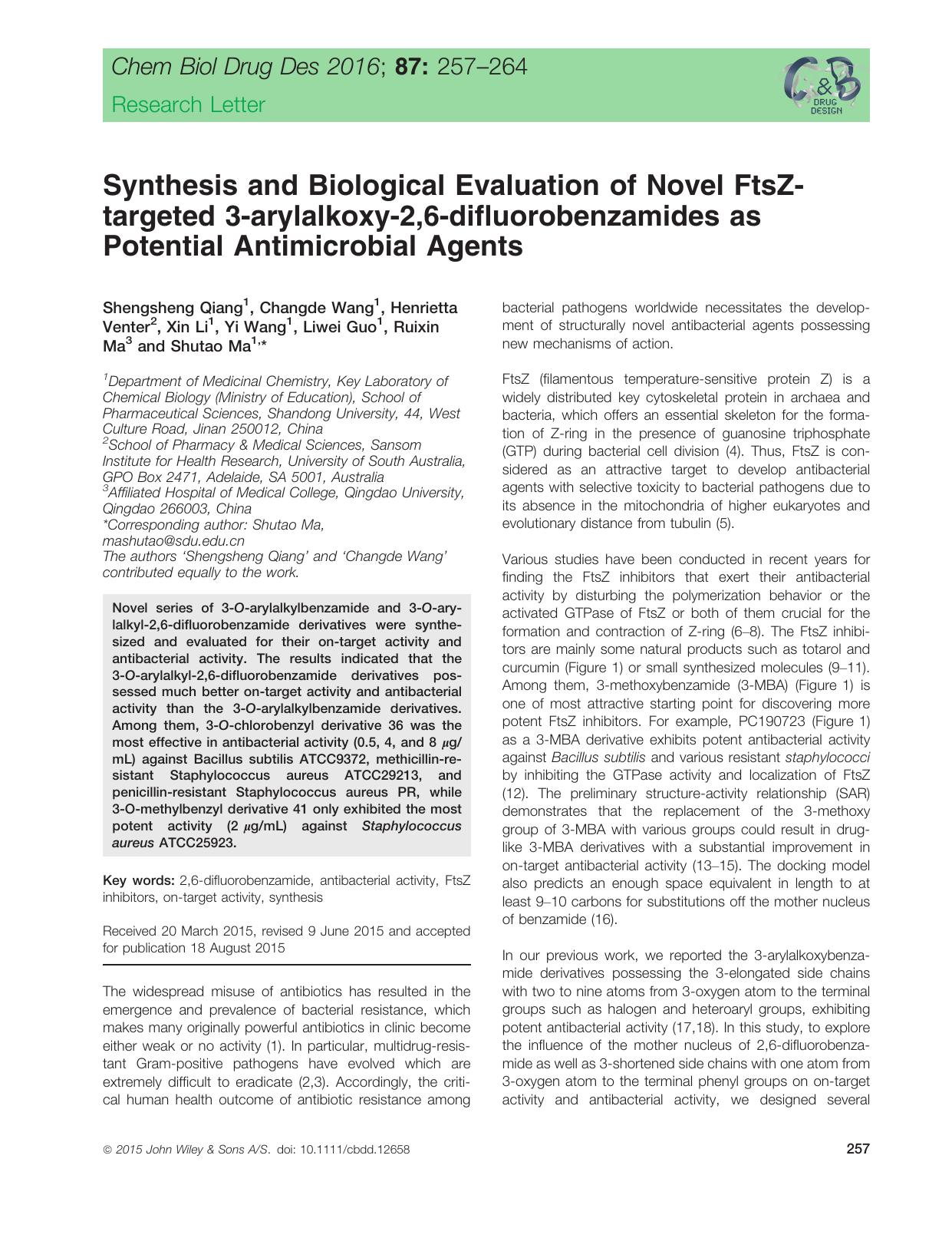Synthesis and Biological Evaluation of Novel FtsZ‐targeted 3‐arylalkoxy‐2,6‐difluorobenzamides as Potential Antimicrobial Agents by unknow