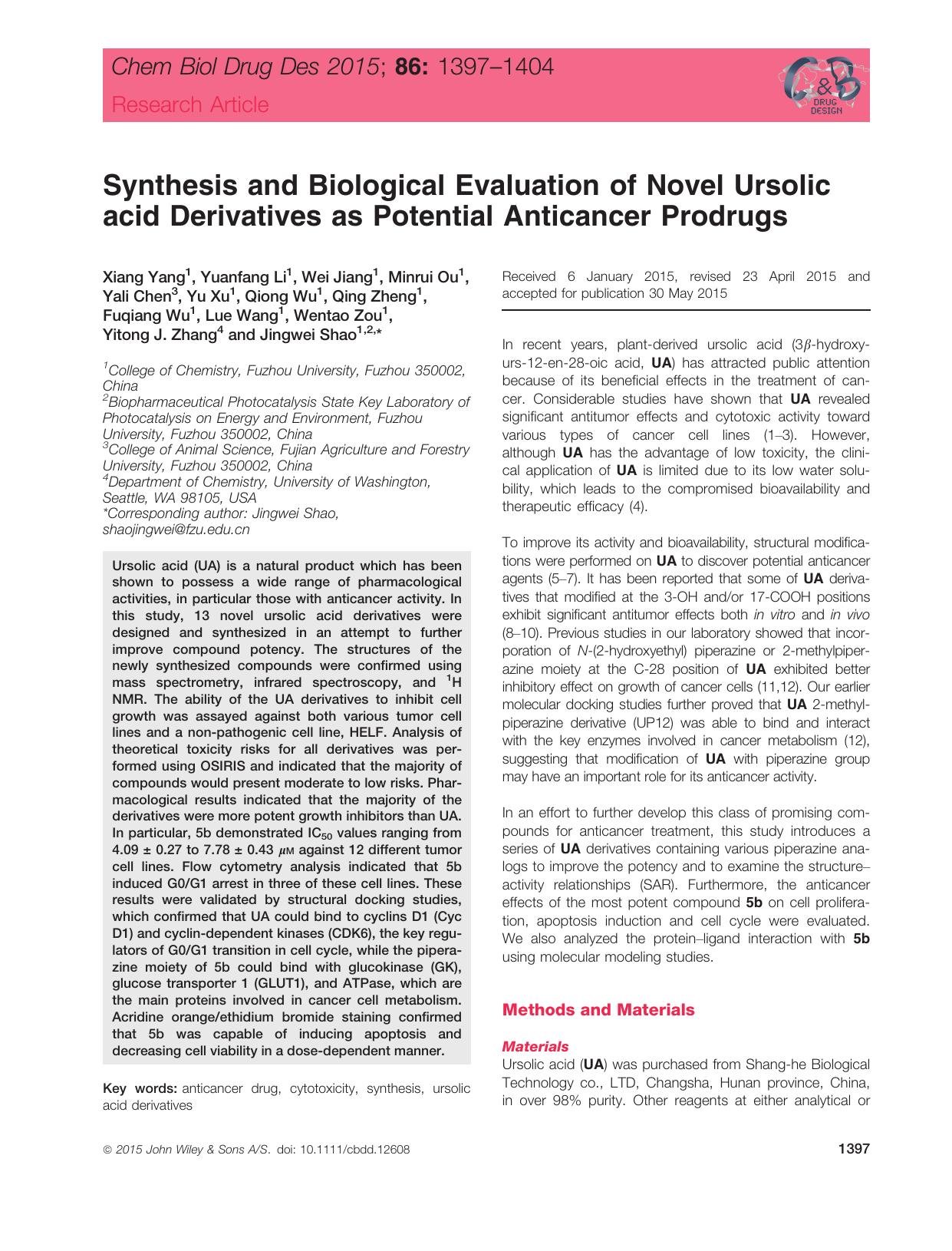 Synthesis and Biological Evaluation of Novel Ursolic acid Derivatives as Potential Anticancer Prodrugs by unknow